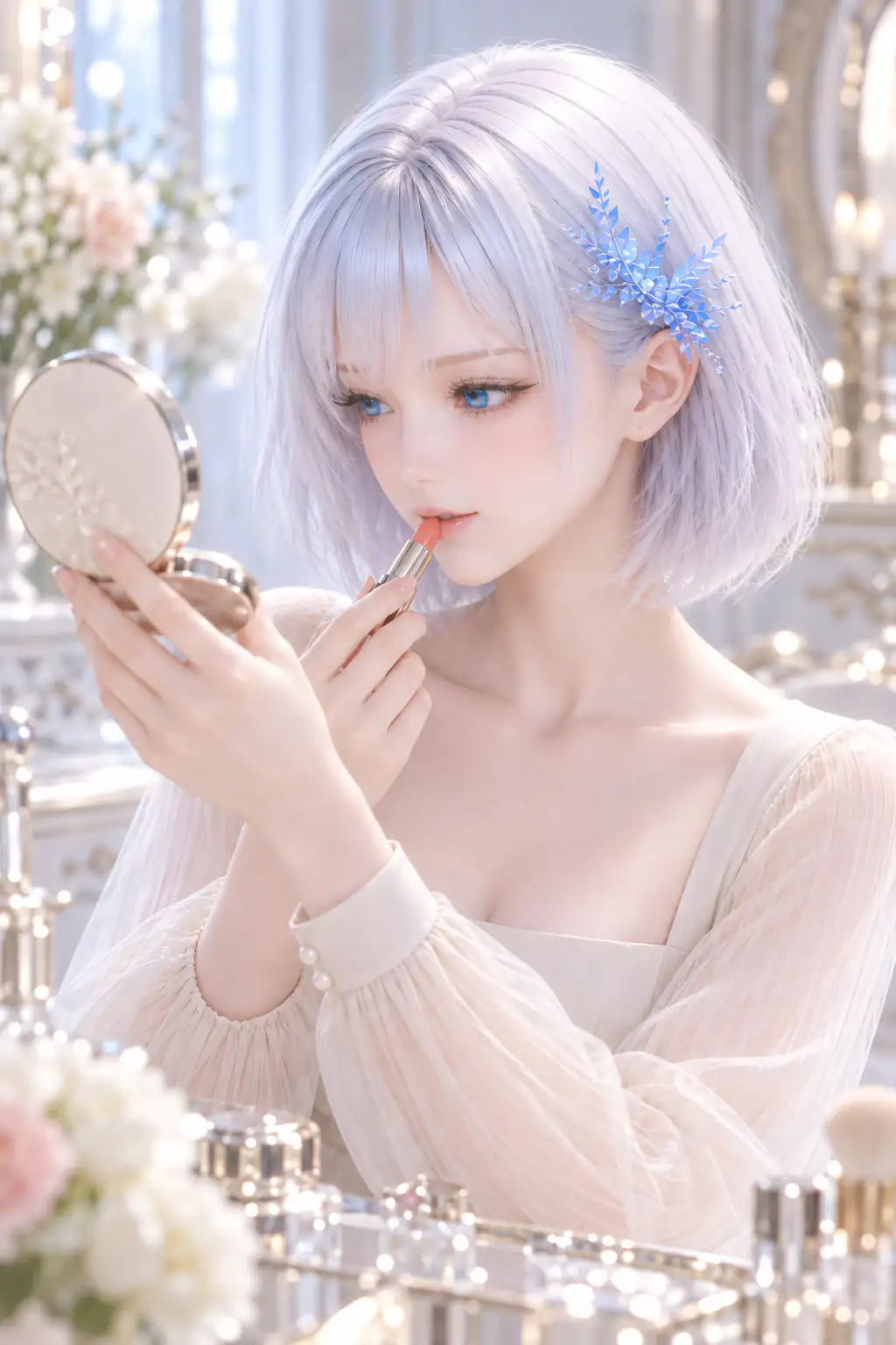 明るいドレッシングルームでリップメイクを試すLAPIS