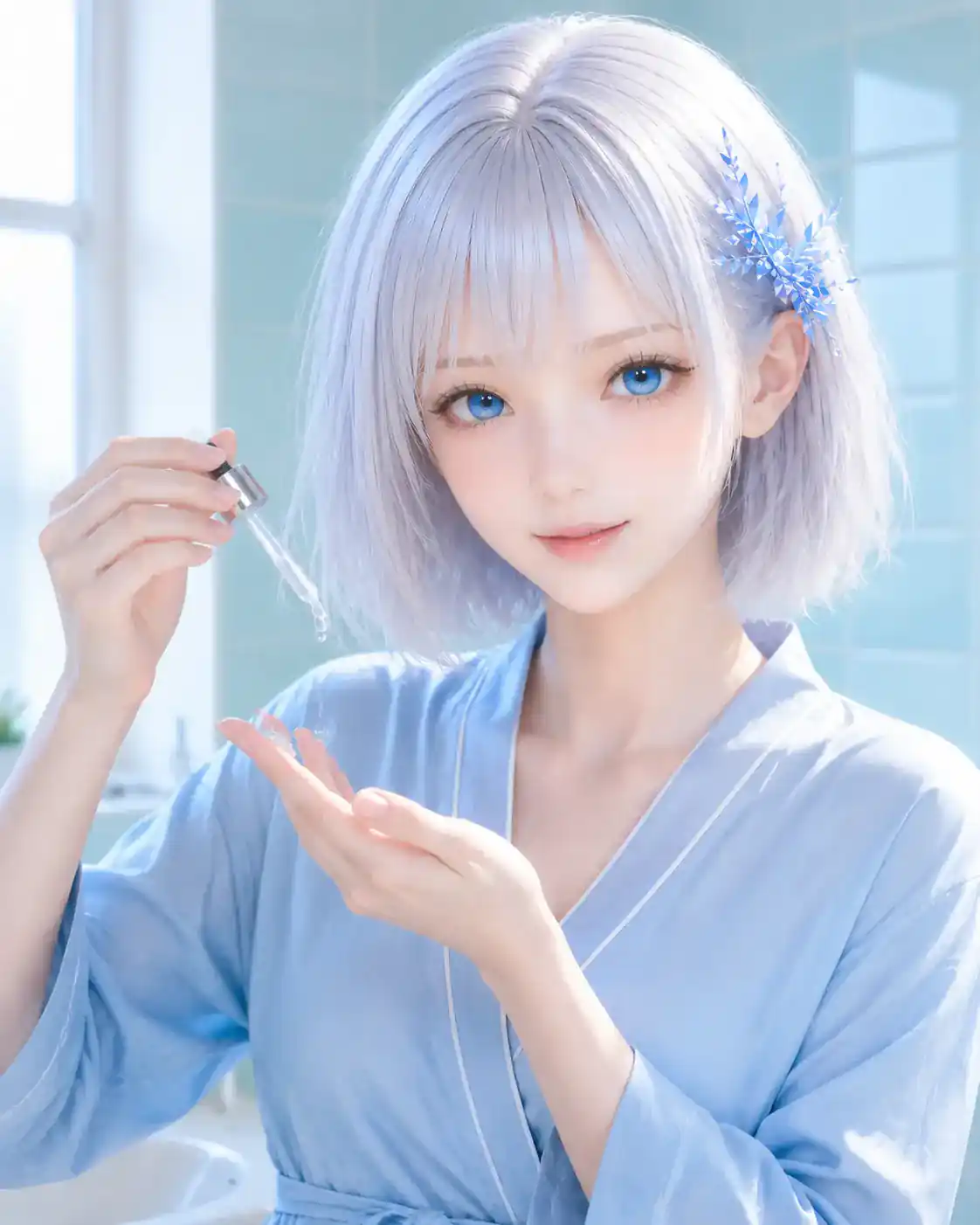 朝のバスルームで美容液を手に取るLAPIS
