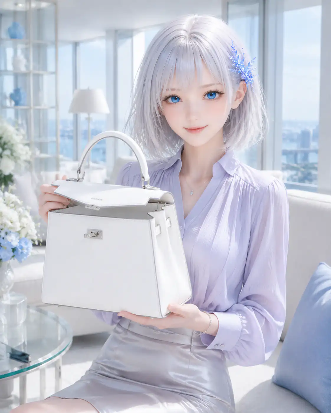 高層レジデンスの室内で白い高級バッグを手に取り紹介するLAPIS