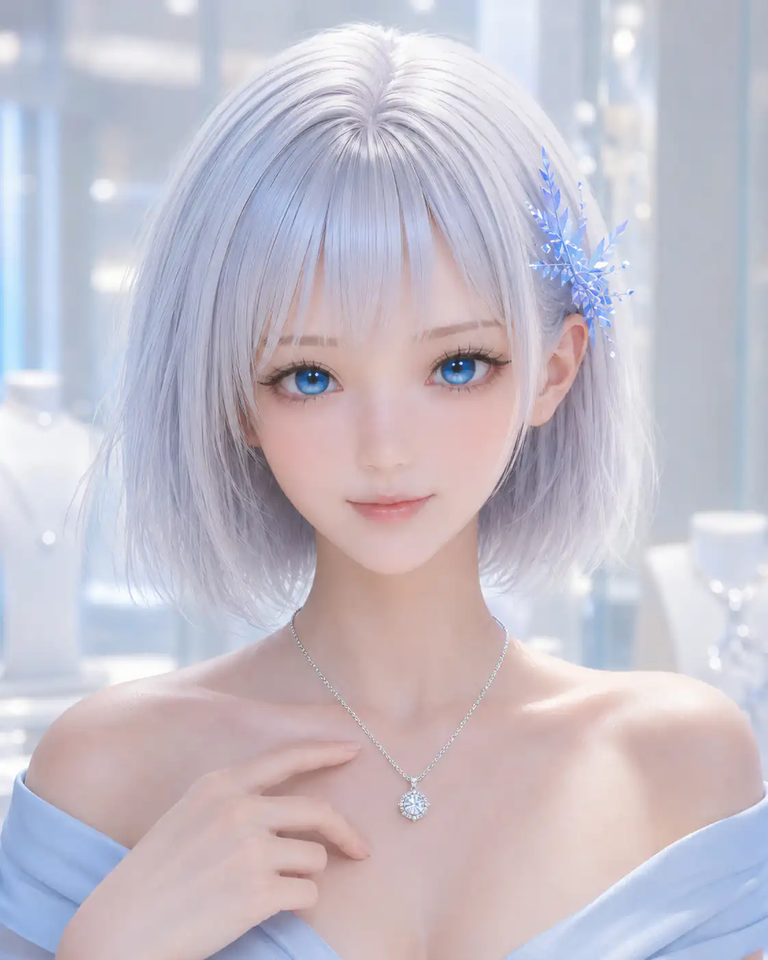 ジュエリーサロンで肌に着けたダイヤのネックレスを接写で紹介するLAPIS