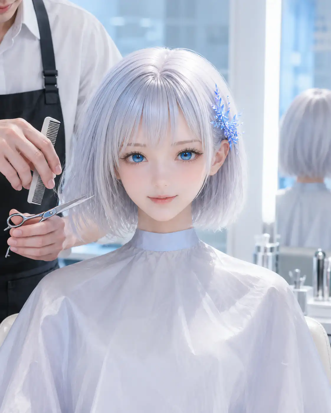 明るいヘアサロンでショートボブのカットモデルを務めるLAPIS