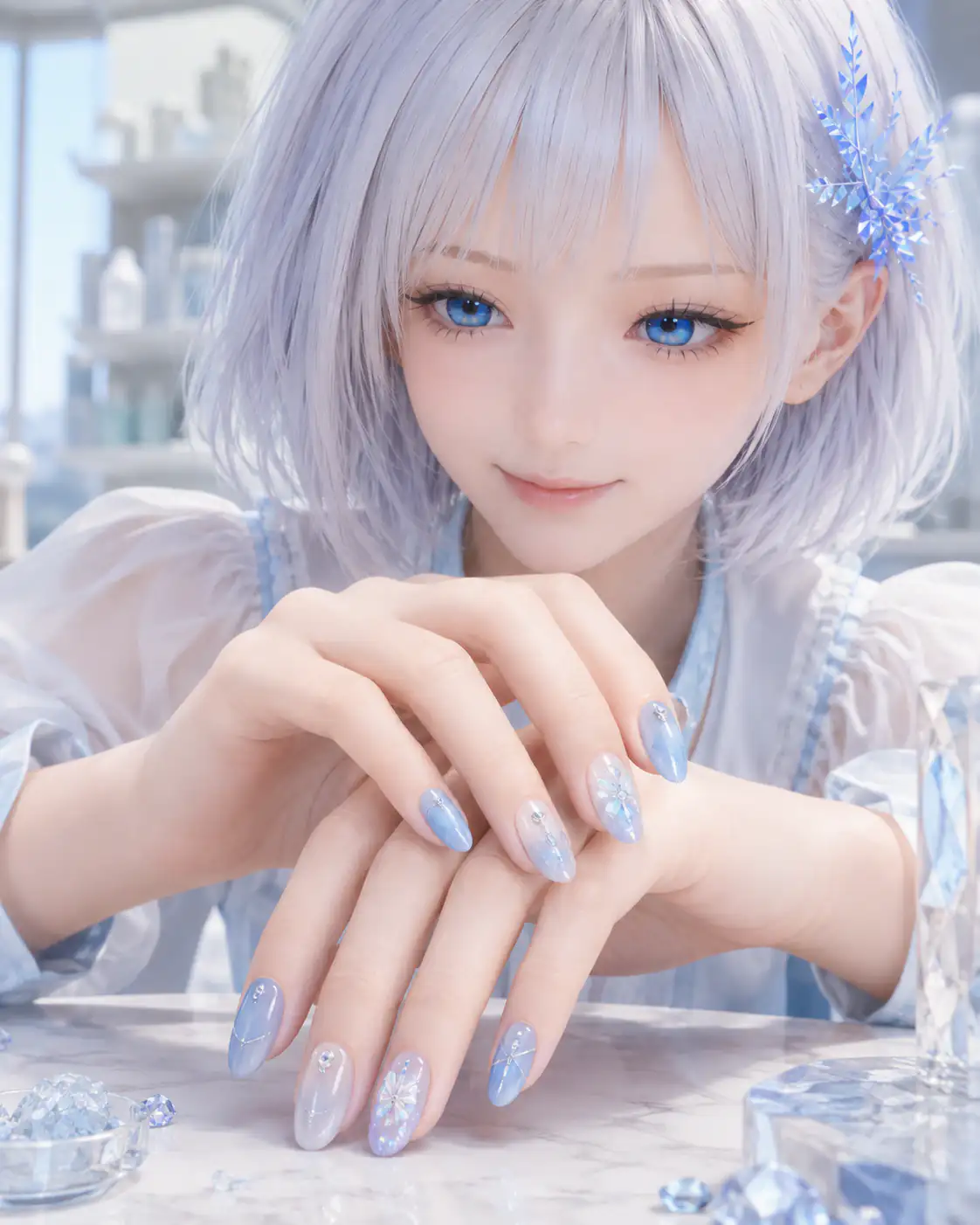 ネイルアトリエで完成したブルーのネイルを手元のアップで紹介するLAPIS