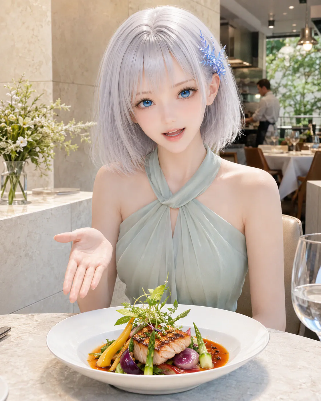 オープンキッチンのレストランで季節の料理をカメラに向かって紹介するLAPIS