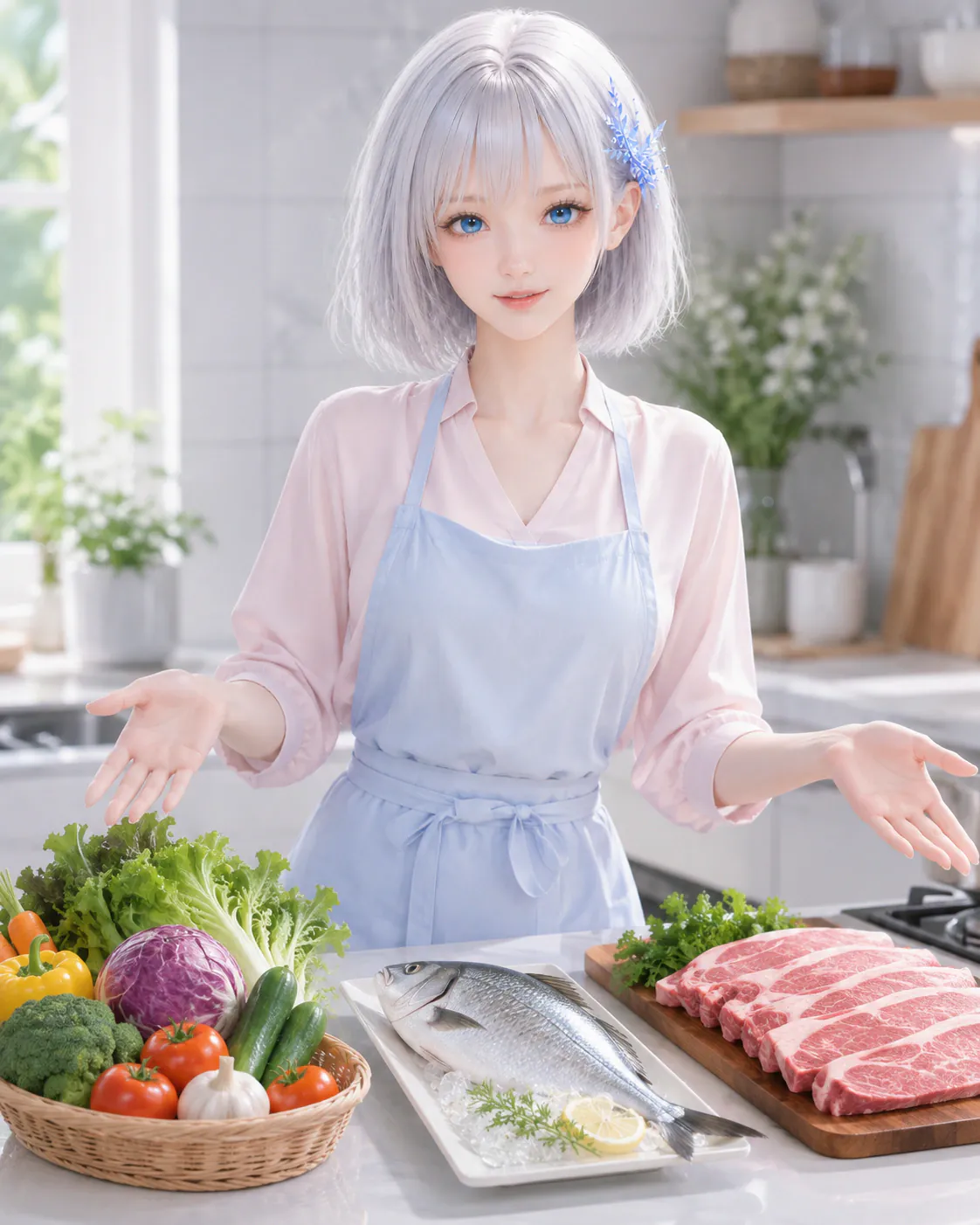 明るいキッチンで新鮮な野菜、魚、肉を並べて紹介するLAPIS