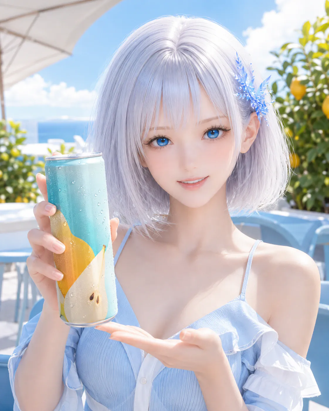 海を望むテラスで冷えた缶ジュースを手に取り紹介するLAPIS