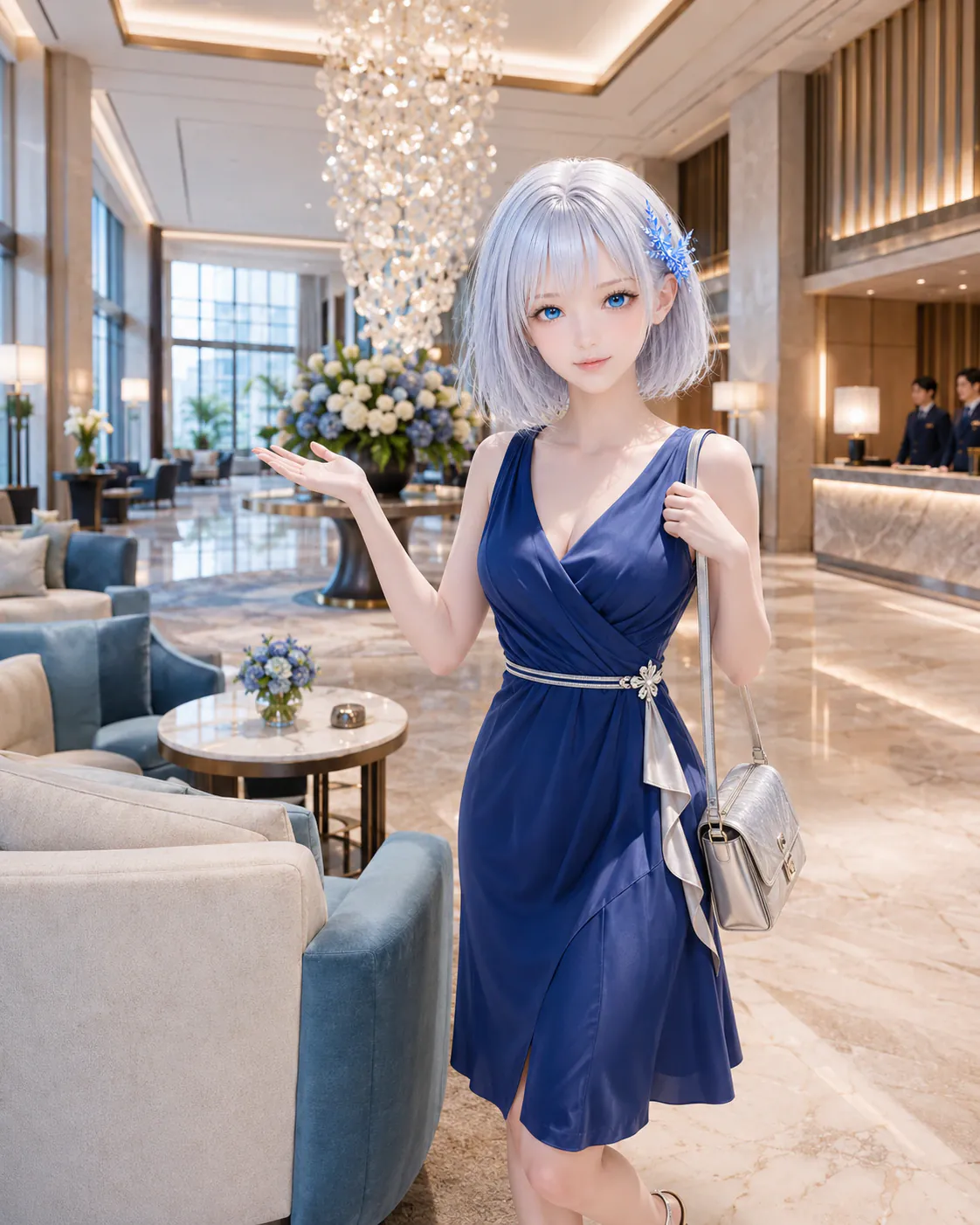 高級ホテルのロビーで到着時の空間とサービスを紹介するLAPIS