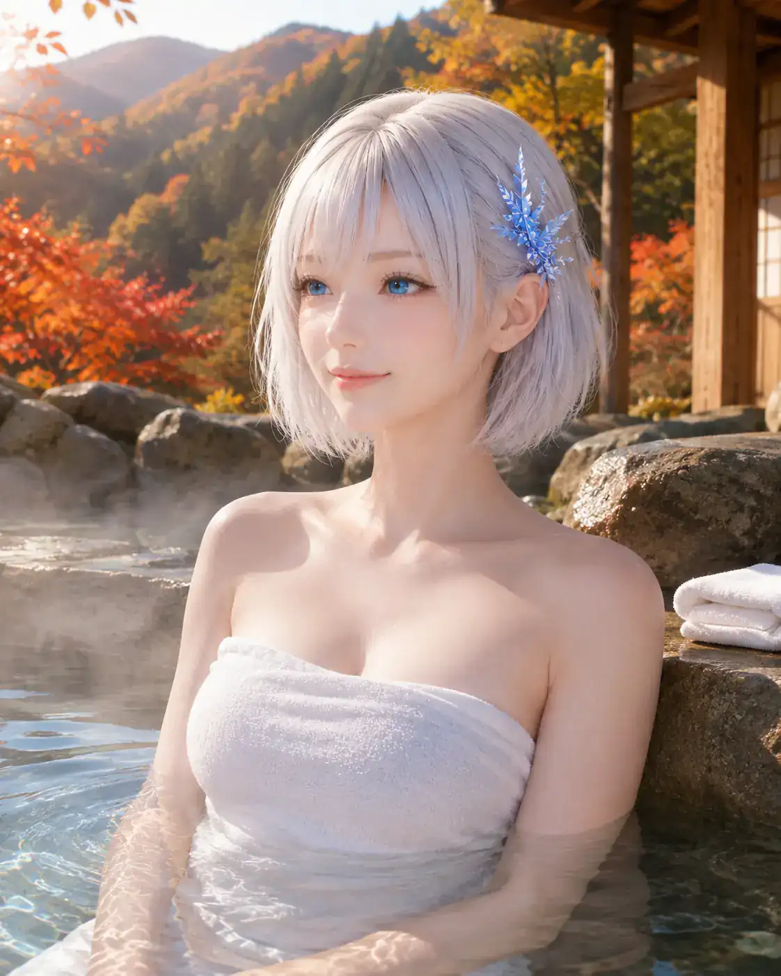紅葉の山を望む温泉宿の露天風呂で湯浴みを楽しむLAPIS