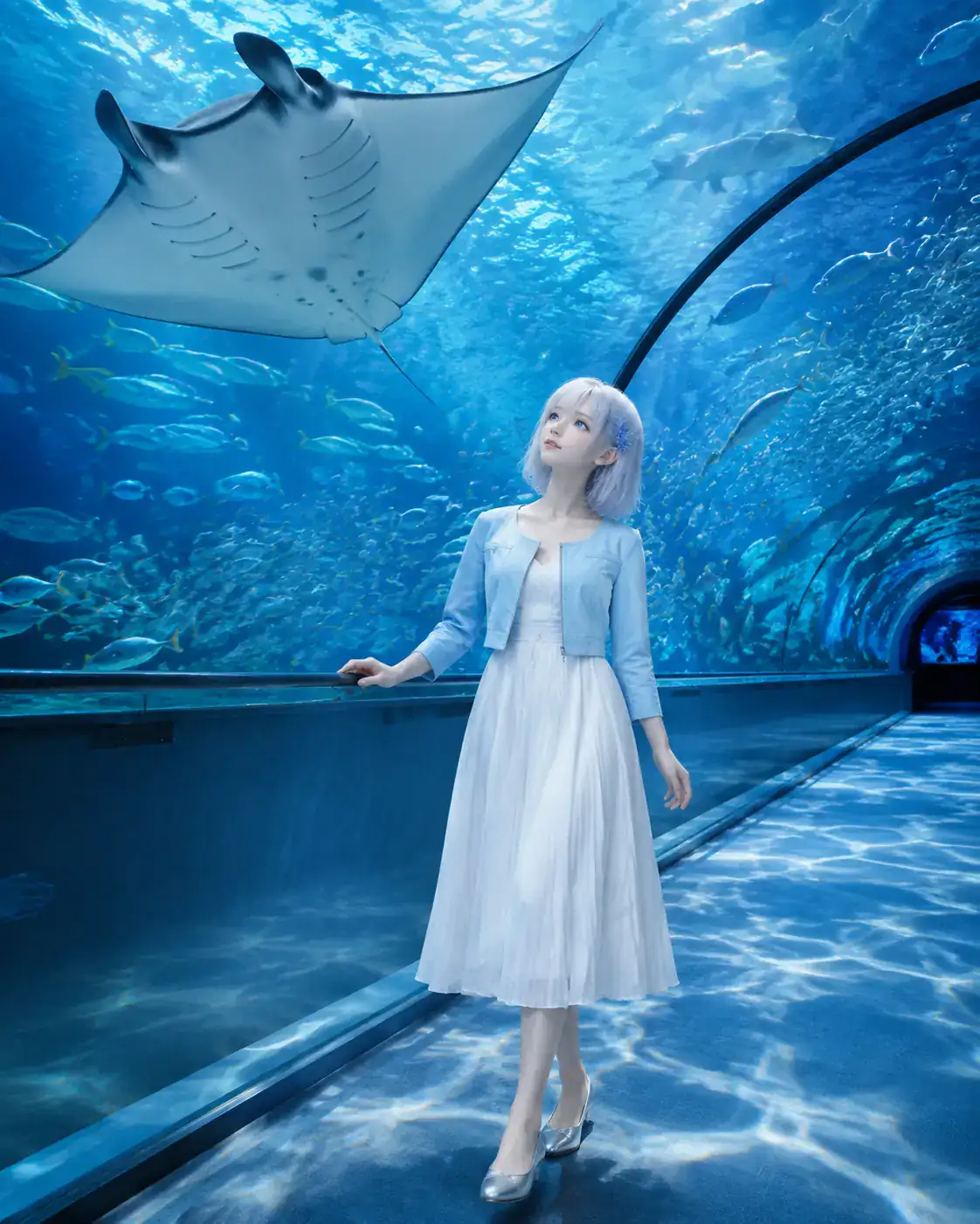 水族館のトンネルで頭上を泳ぐマンタを見上げるLAPIS