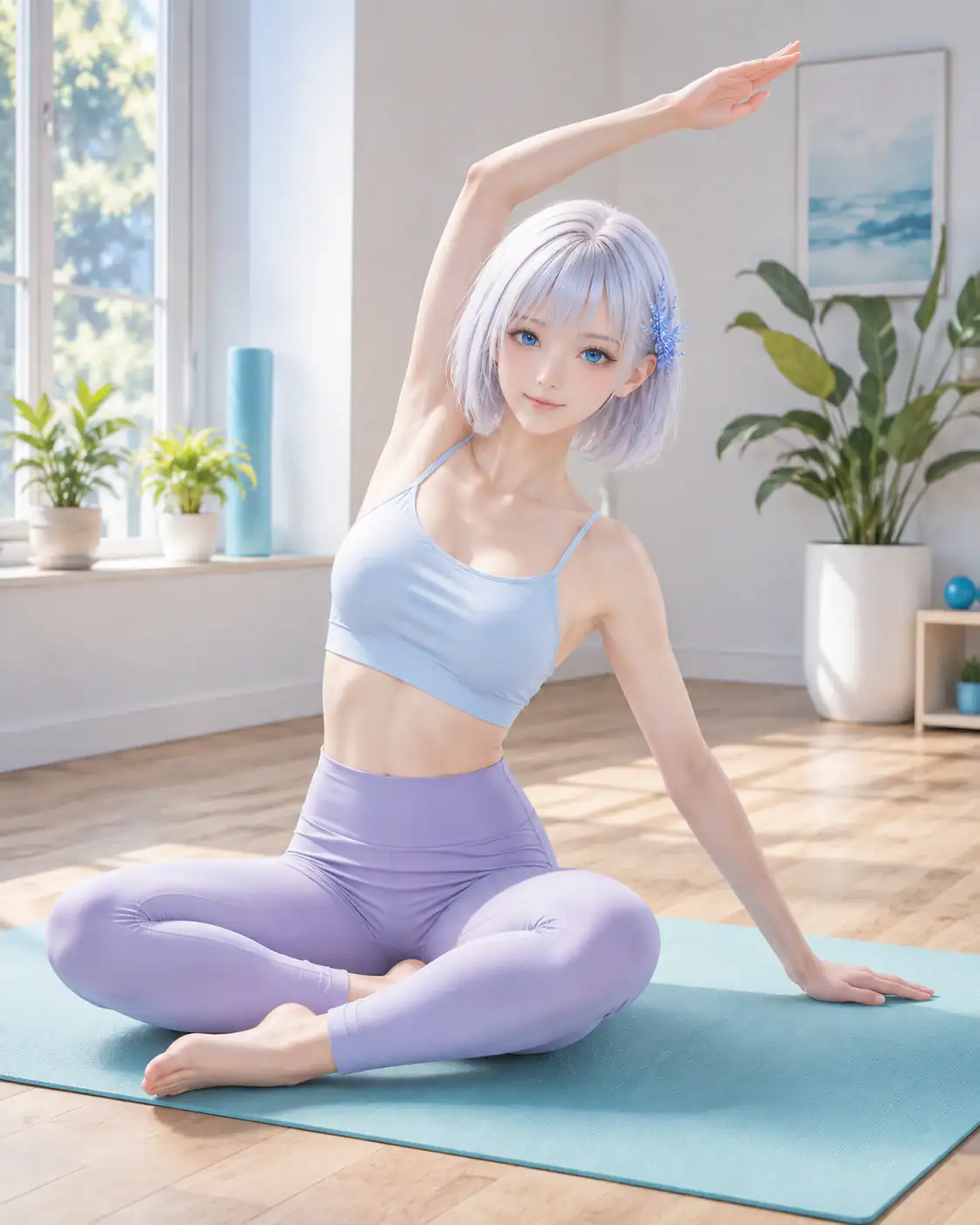 明るいスタジオのマット上で座位のストレッチを実演するLAPIS