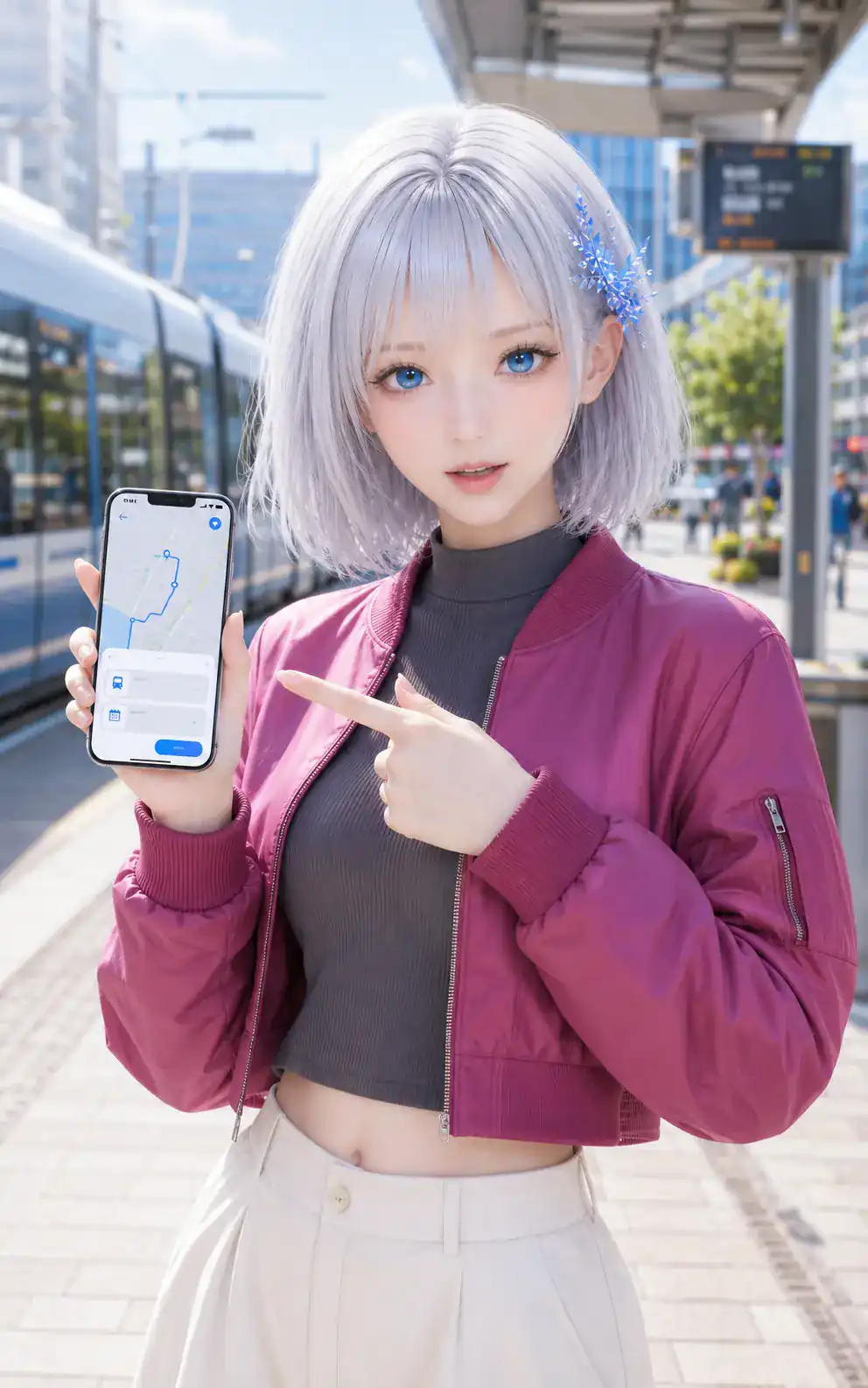 街のトラム停留所で旅行アプリの画面を紹介するLAPIS