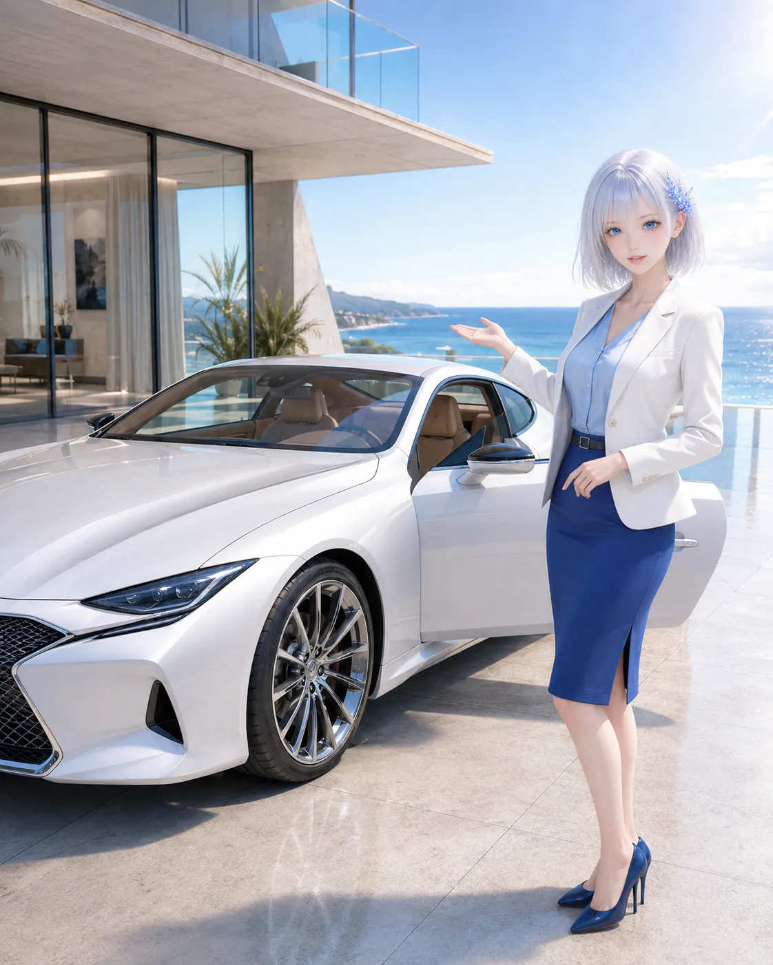 海を望むテラスで白い高級クーペのデザインと車内を紹介するLAPIS