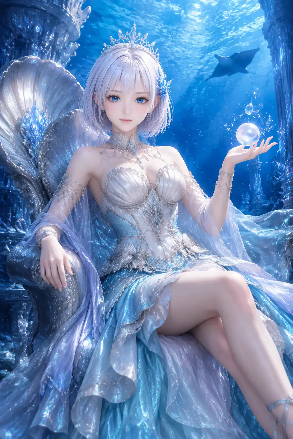 海中宮殿の貝殻の玉座で水の真珠を浮かべる深海女帝姿のLAPIS