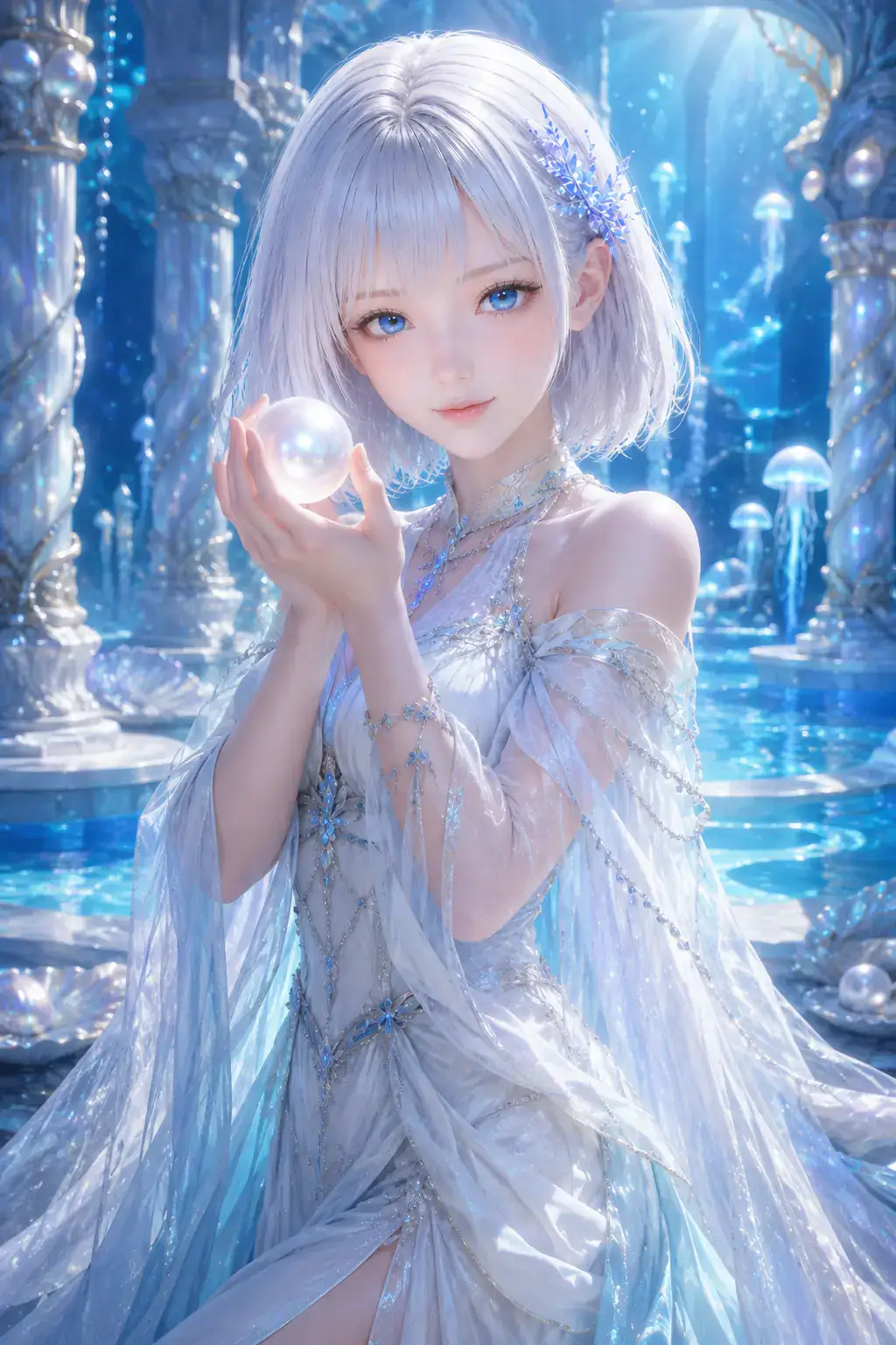 深海神殿で真珠と氷青の神託者衣装をまとうLAPIS