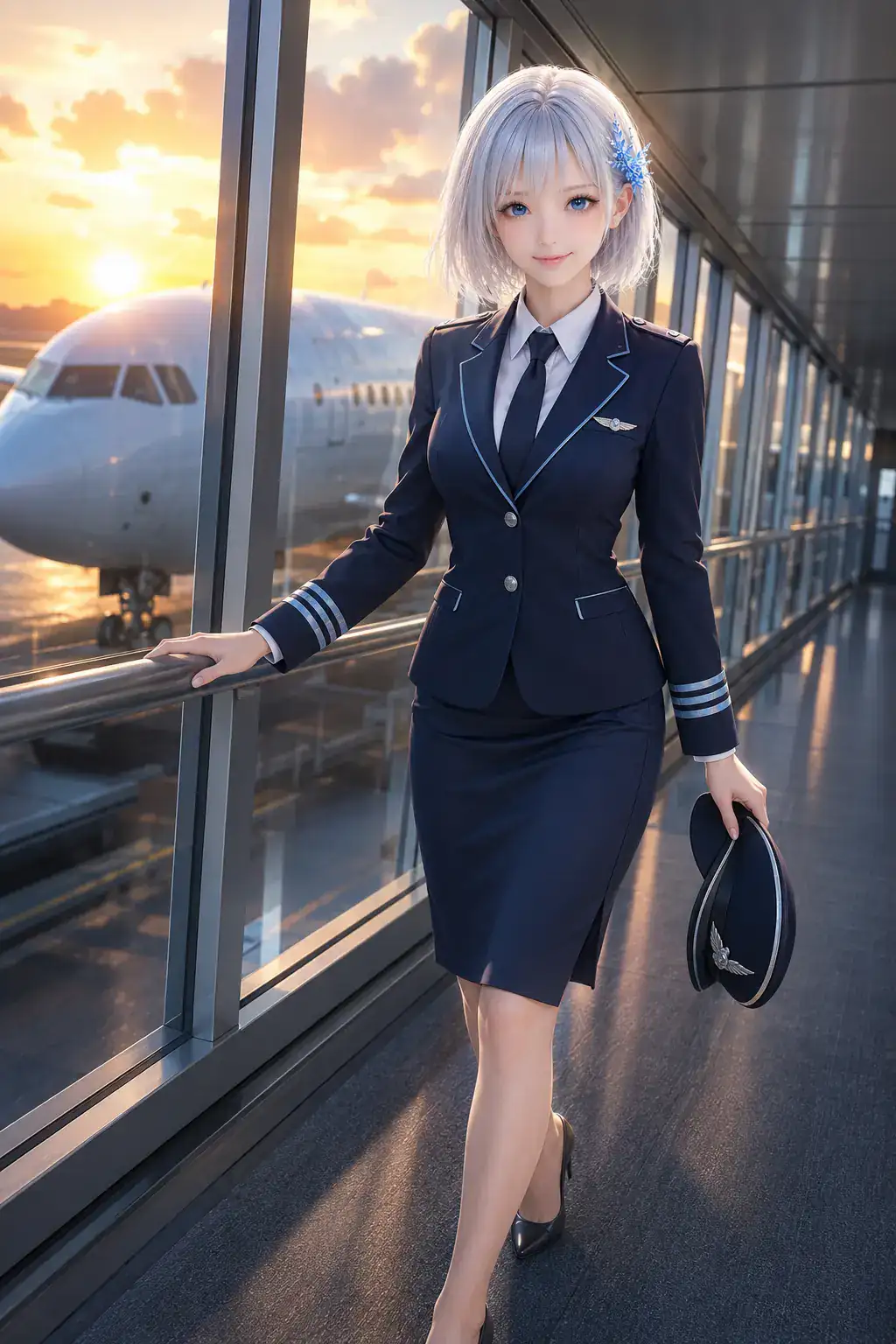 朝焼けのガラス張りの搭乗橋を、旅客機に向かって歩く機長姿のLAPIS