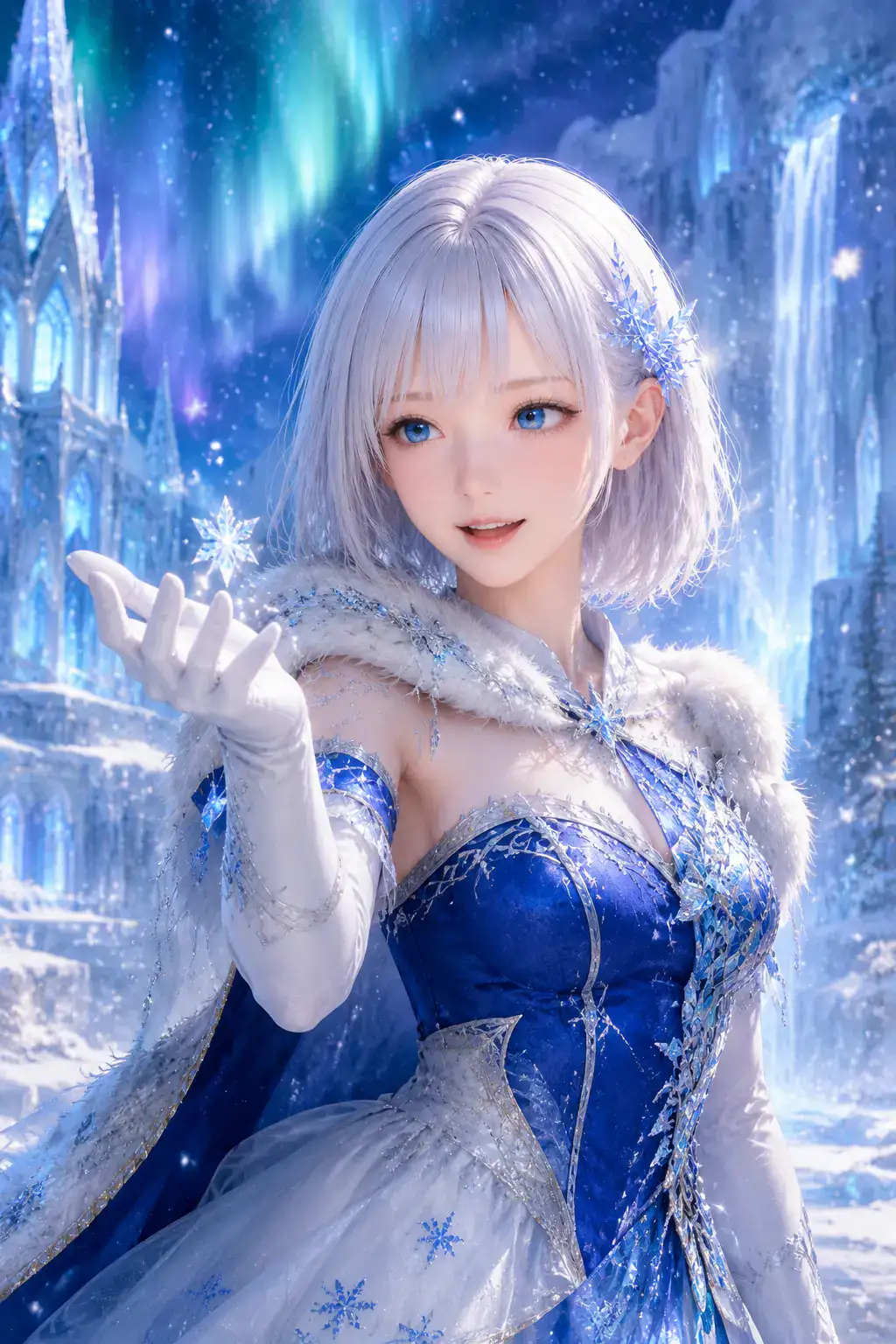 オーロラの氷晶宮殿でコバルトブルーの雪女王衣装をまとうLAPIS