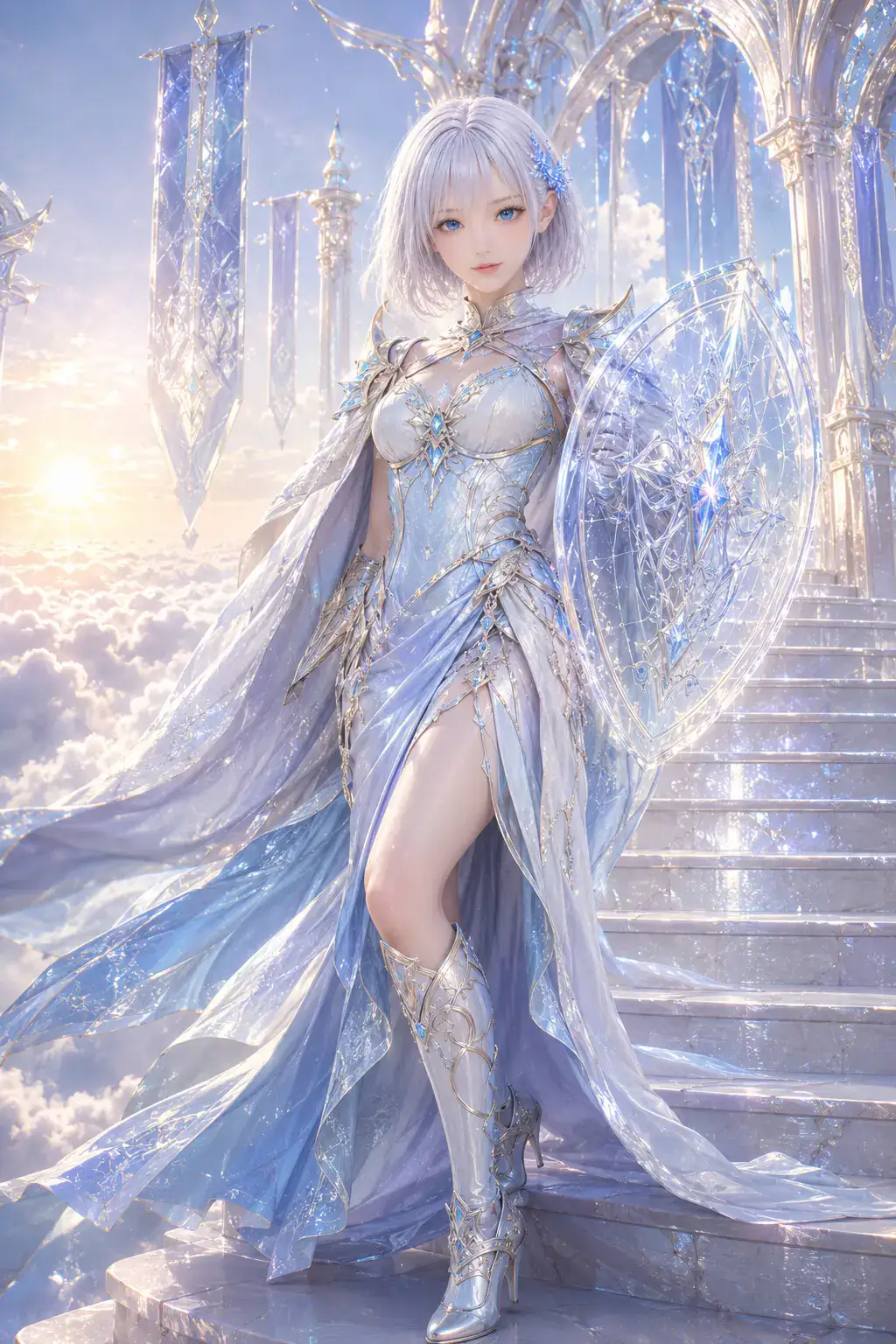 朝焼けの雲上城で結晶の盾を携える天上騎士姿のLAPIS