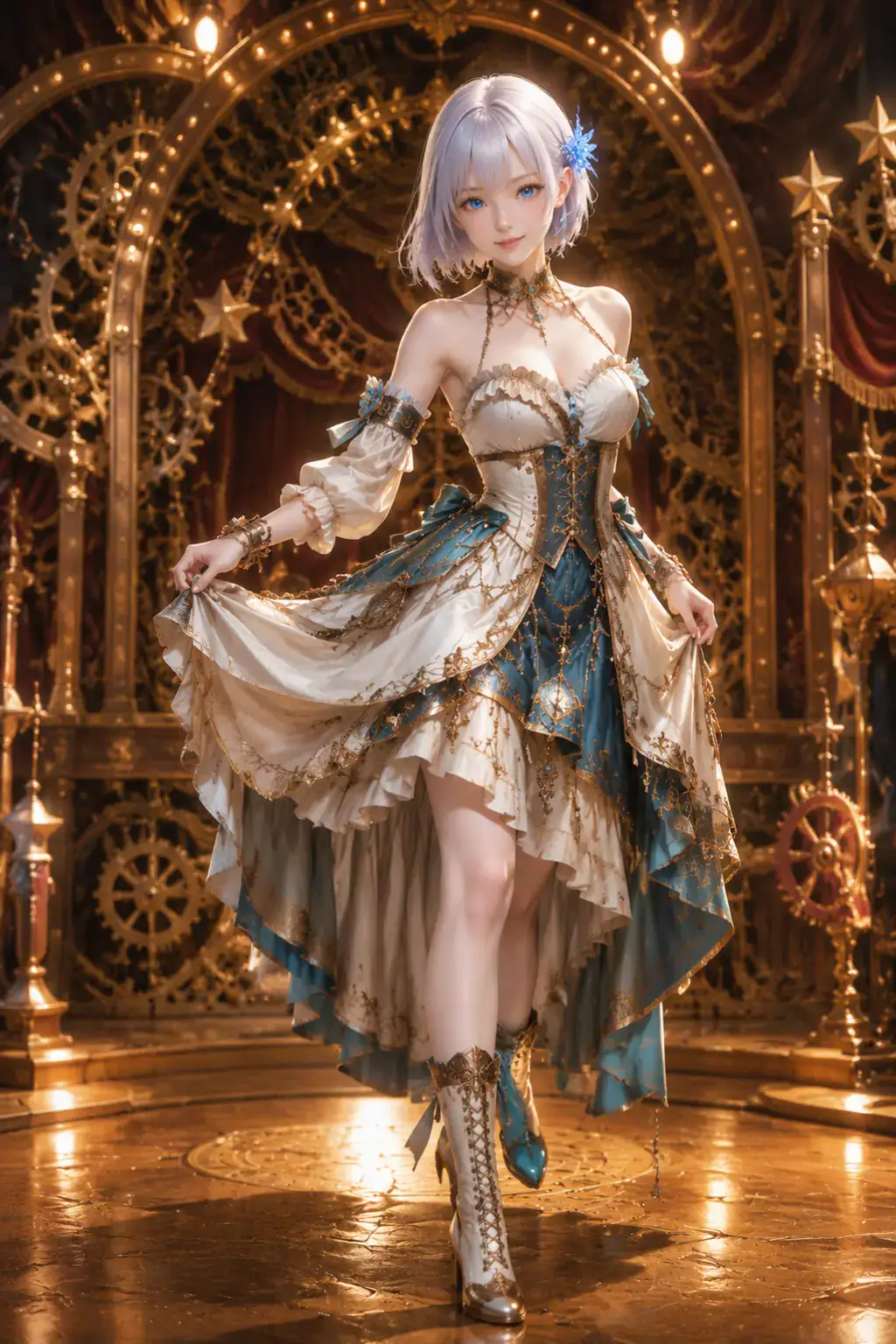 音楽箱劇場で青緑と金の機械仕掛けのプリマ衣装をまとうLAPIS