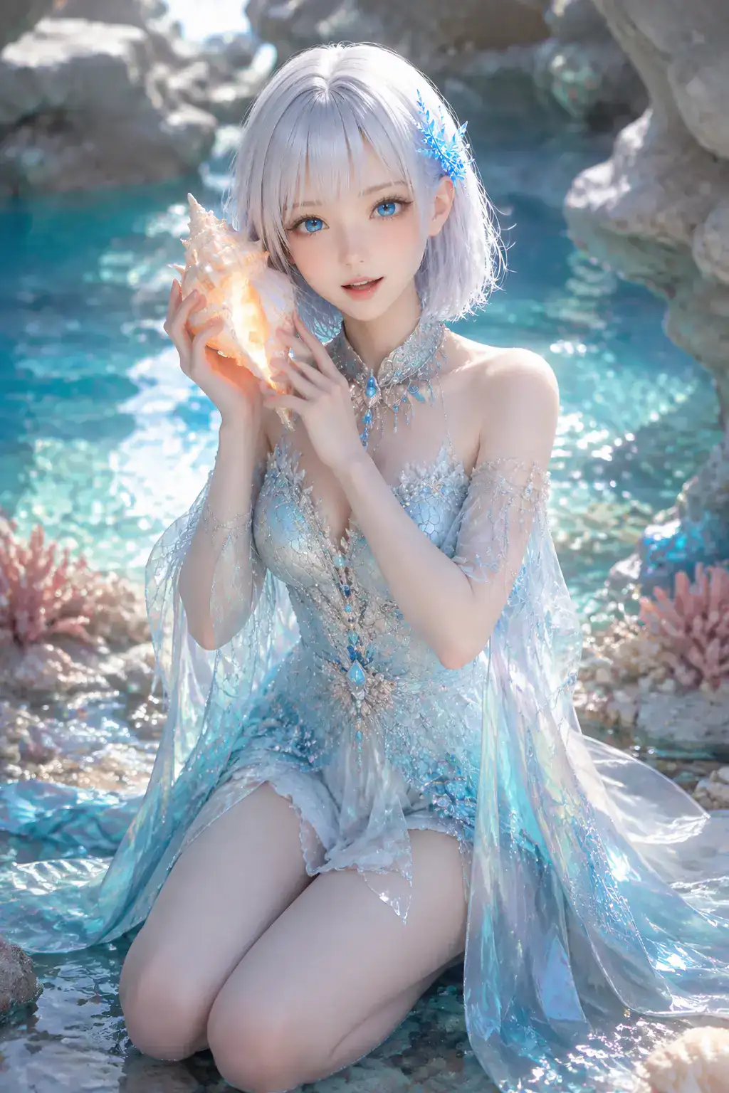 珊瑚の潮だまりで真珠色の貝殻に耳を澄ます人魚姫姿のLAPIS
