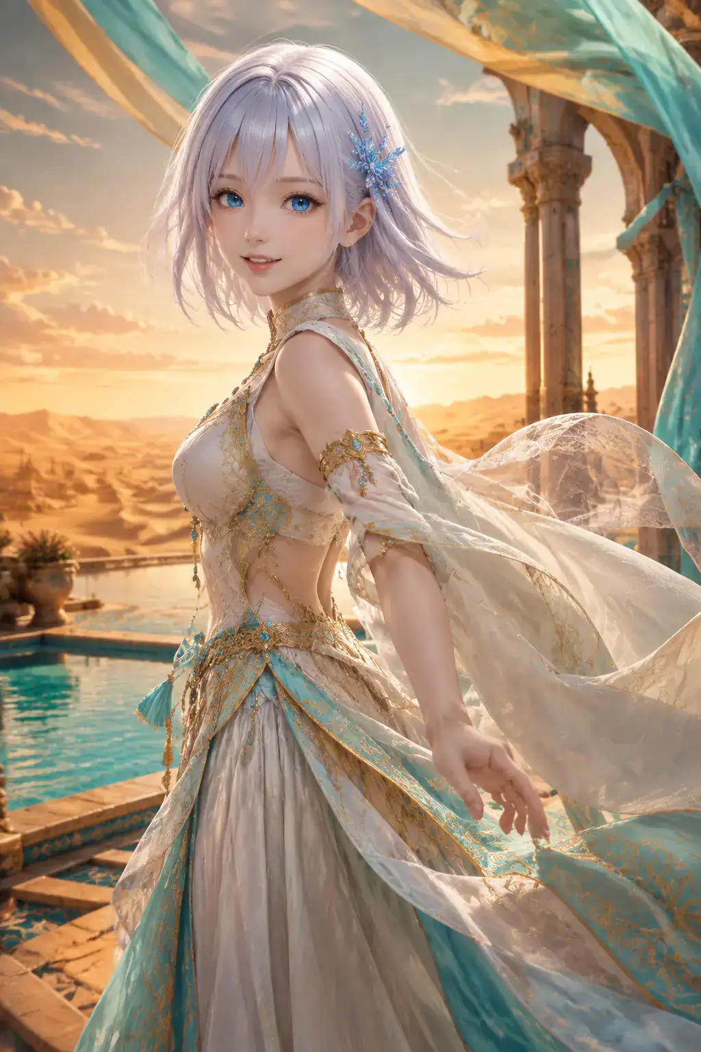 砂漠の宮殿でターコイズと金の王女衣装をまとい微笑むLAPIS