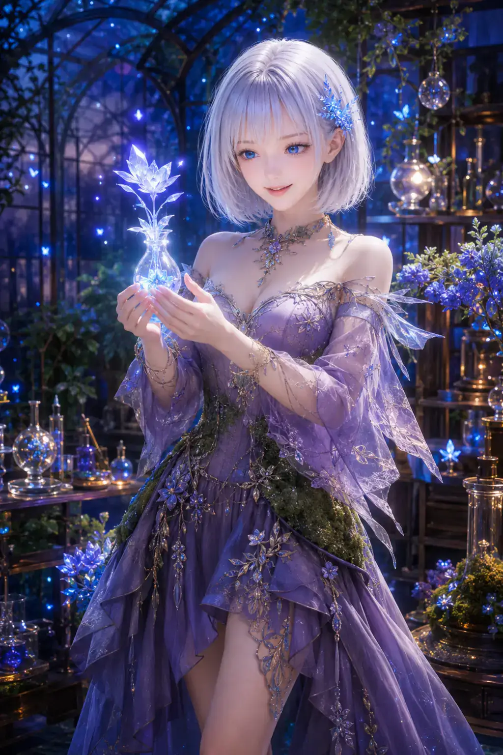 黄昏の温室研究室で咲いた結晶花を見つめる妖精錬金術師姿のLAPIS