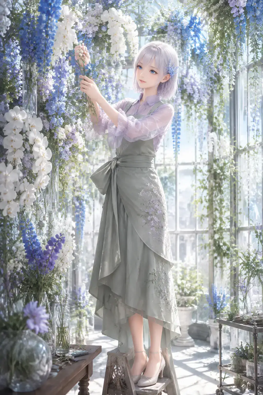 光の満ちた温室で青と白の花のインスタレーションを仕立てるLAPIS