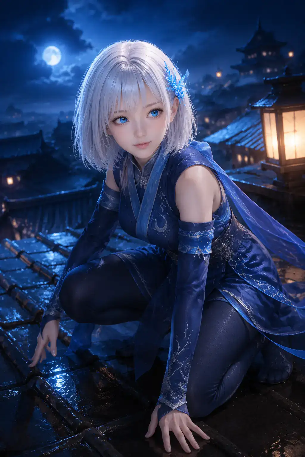 藍色の忍装束で雨上がりの月夜の城郭を進むLAPIS