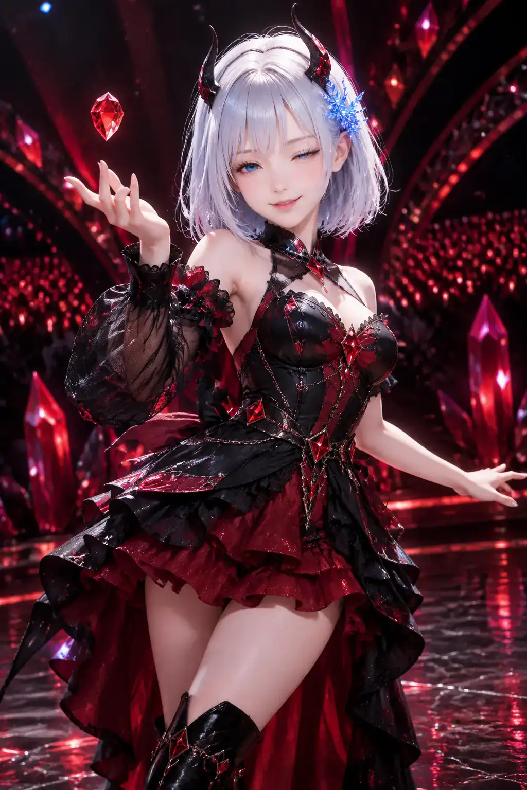 幻想的な夜のステージでルビー色のデビルアイドル衣装をまとうLAPIS
