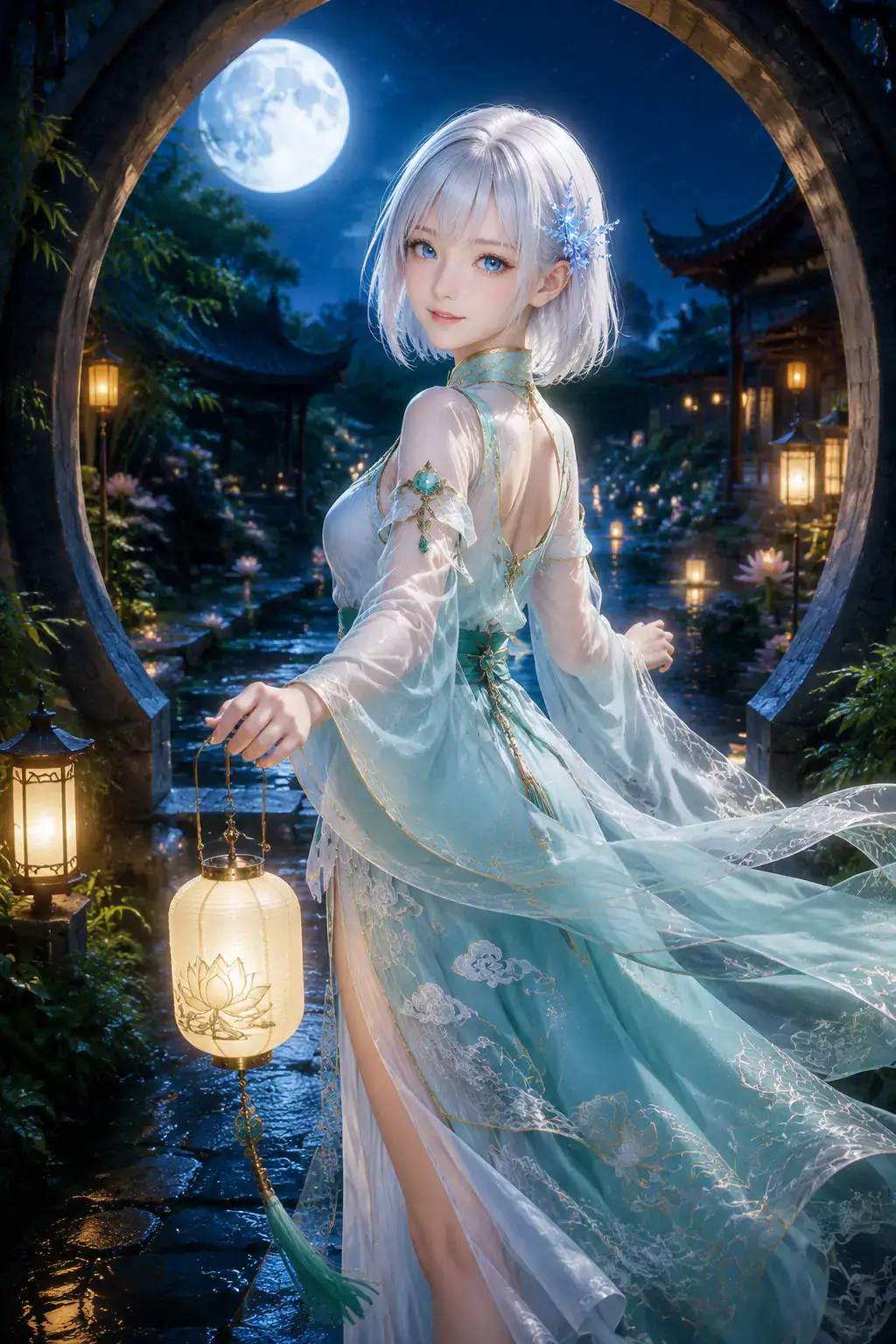 夜の月門と蓮池の庭園で灯籠を運び振り返るLAPIS