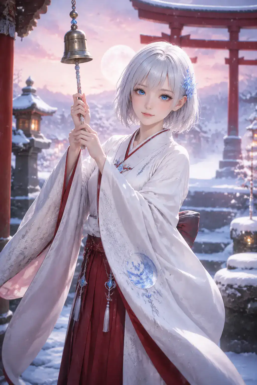 雪月の社で白と深紅の月巫女衣装をまとい祈るLAPIS