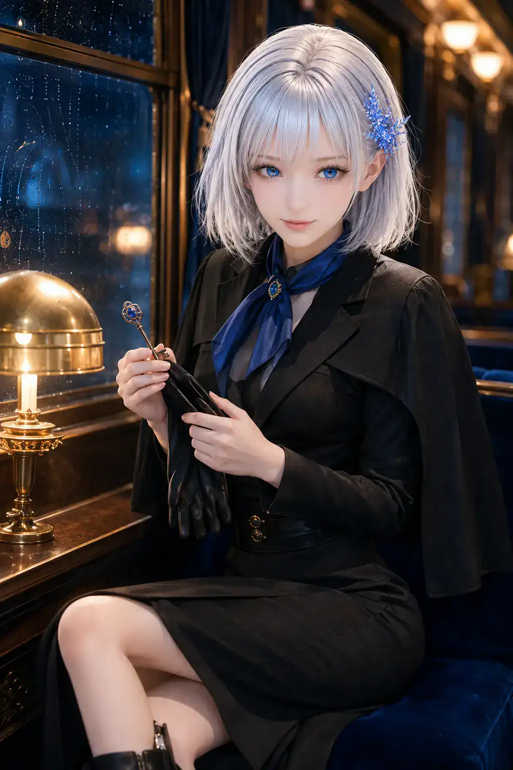 黒の探偵風ドレスで夜の駅に立ち手帳を開くLAPIS