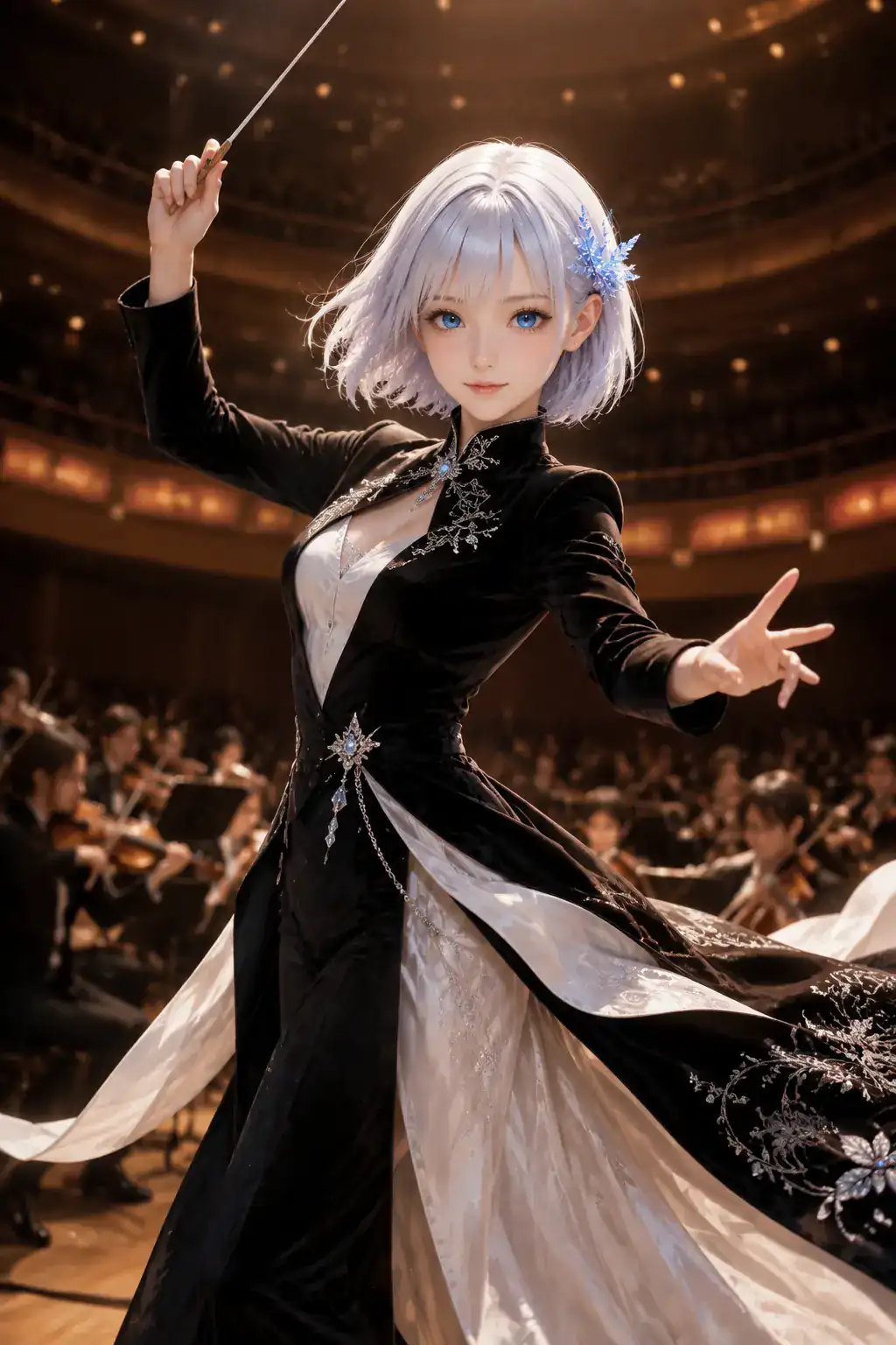 黒と白の燕尾服ドレスで演奏の高まりを導く指揮者役のLAPIS