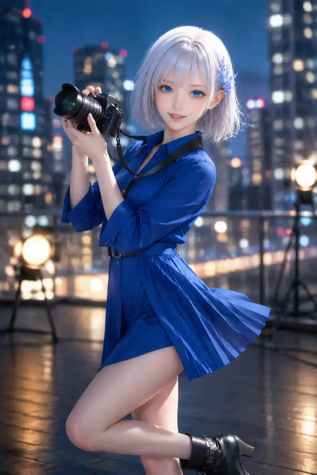 カメラを構えて夕暮れの屋上で被写体を狙う写真家役のLAPIS