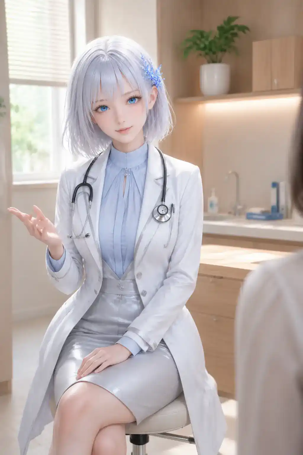 白衣姿で明るい診察室の患者に優しく話しかける医師役のLAPIS