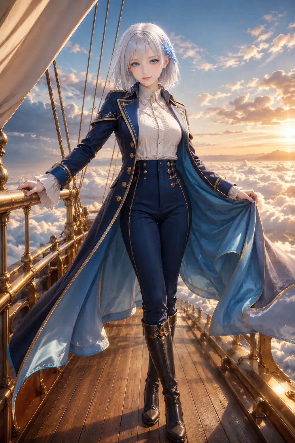 紺碧の空賊船長衣装で雲上の飛行船デッキに立つLAPIS