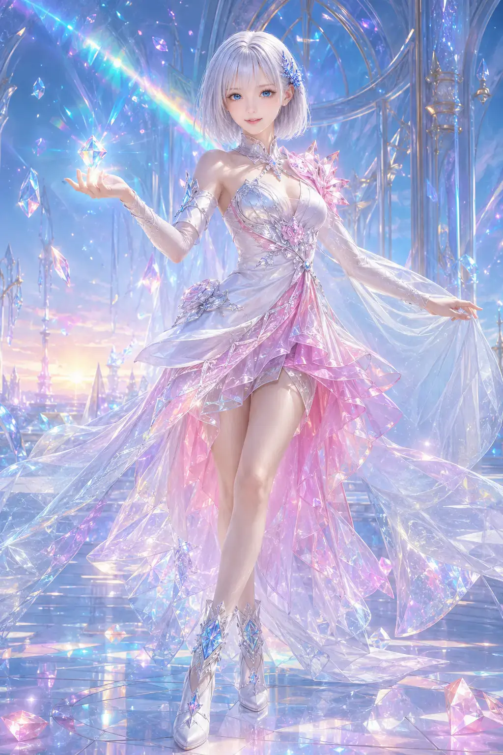 結晶の天文台でプリズムの光を受け止める魔法戦士姿のLAPIS