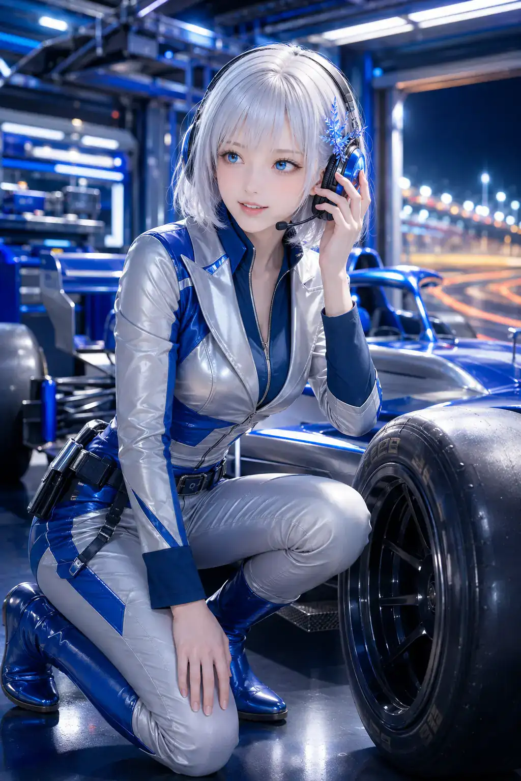 夜のピットでレーシングカーの前輪を確認するレースエンジニア役のLAPIS