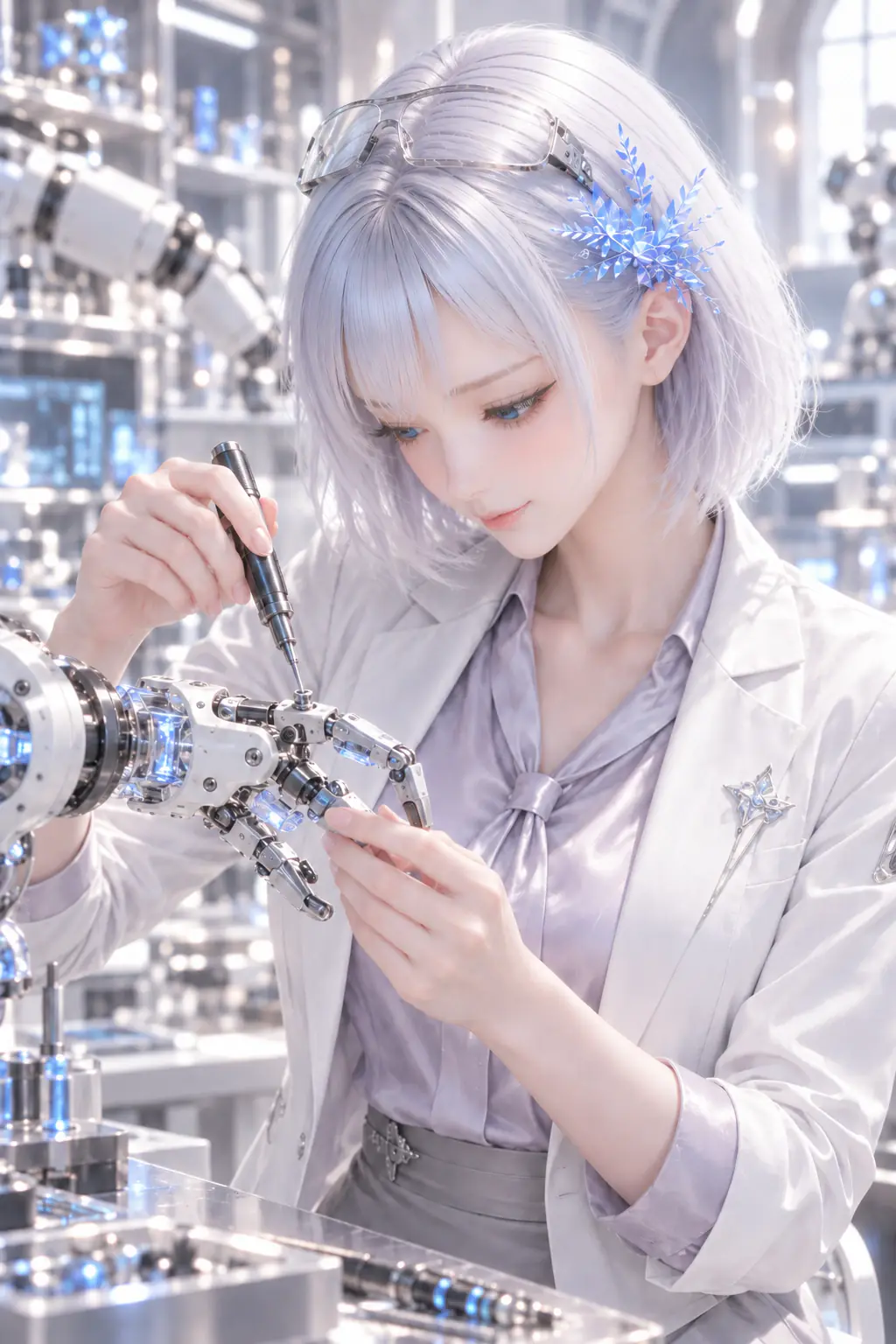 研究衣装でロボットアームを調整し同僚と笑顔を交わすLAPIS