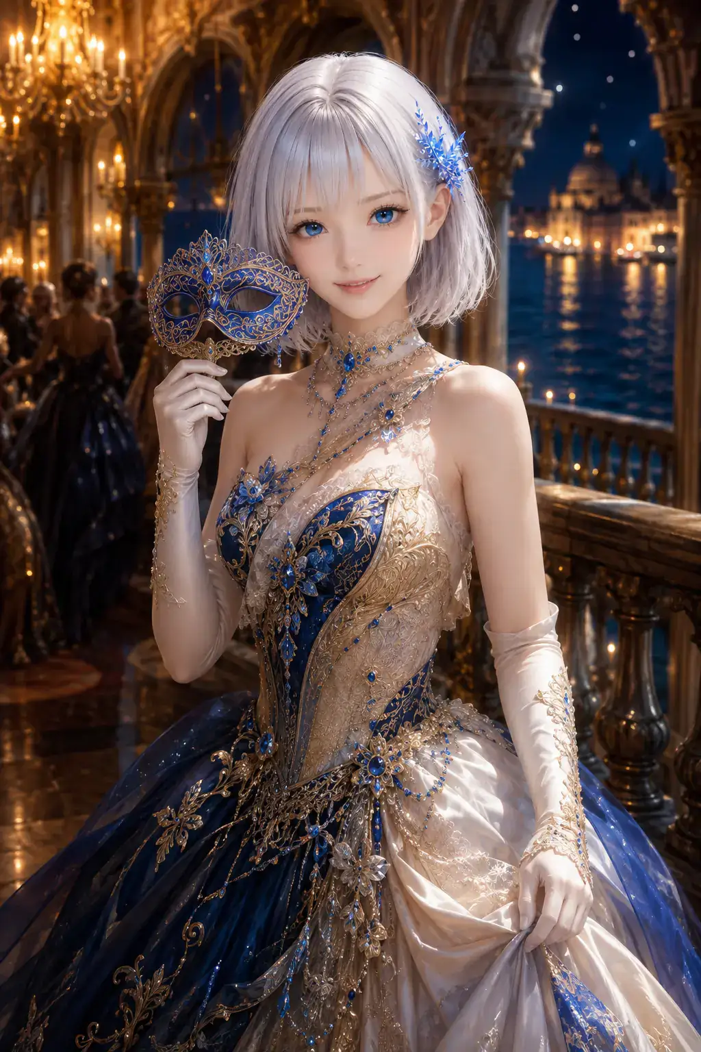 ヴェネツィアの宮殿で青い仮面を手にするサファイア色の貴婦人姿のLAPIS