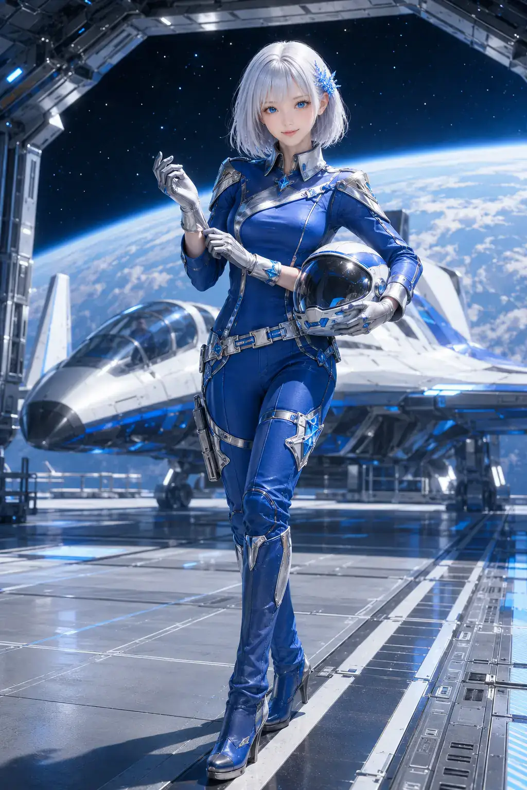 地球を望む軌道格納庫でヘルメットを携える宇宙飛行士姿のLAPIS