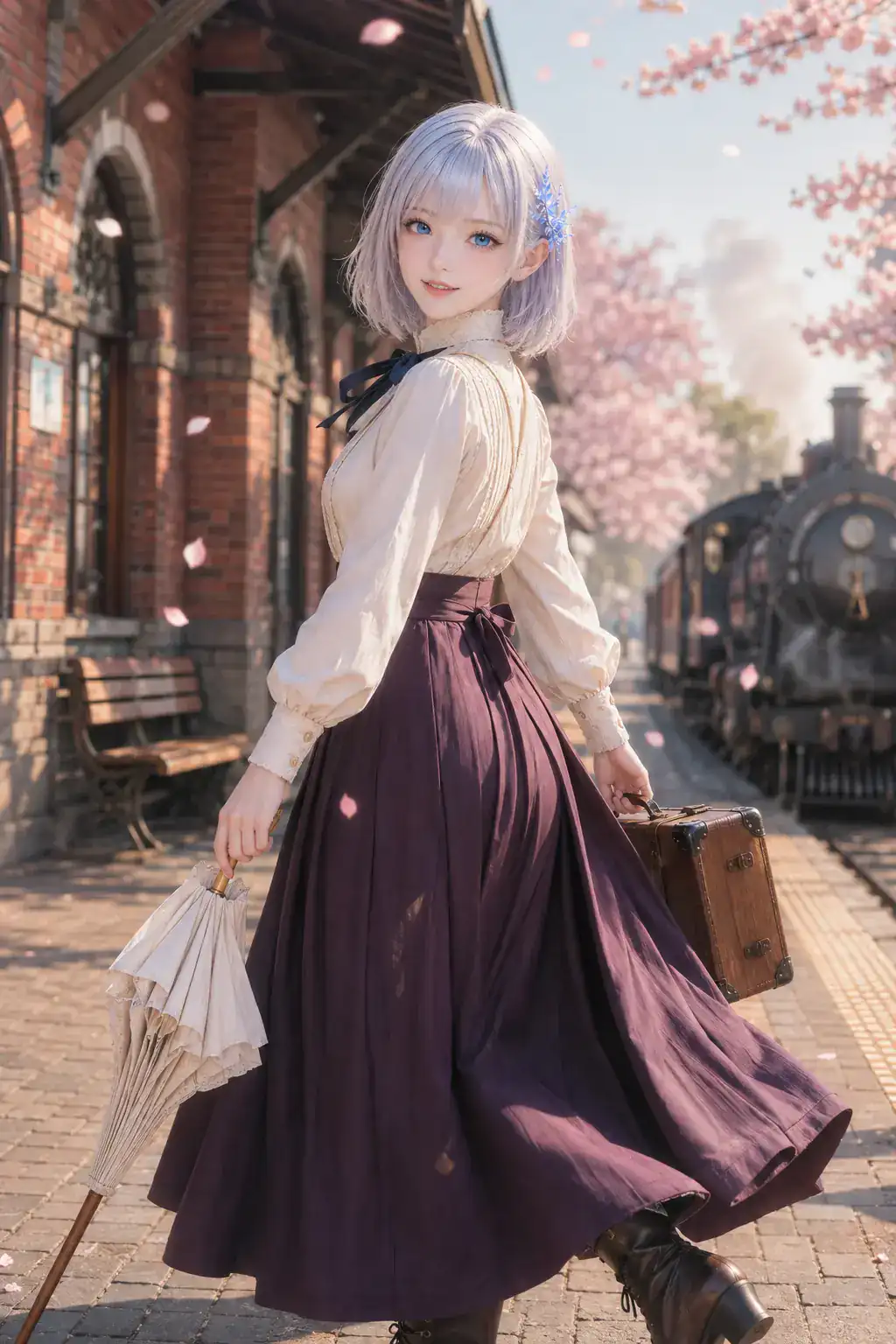 紫の袴と生成りのブラウスで朝の煉瓦駅舎を歩くLAPIS