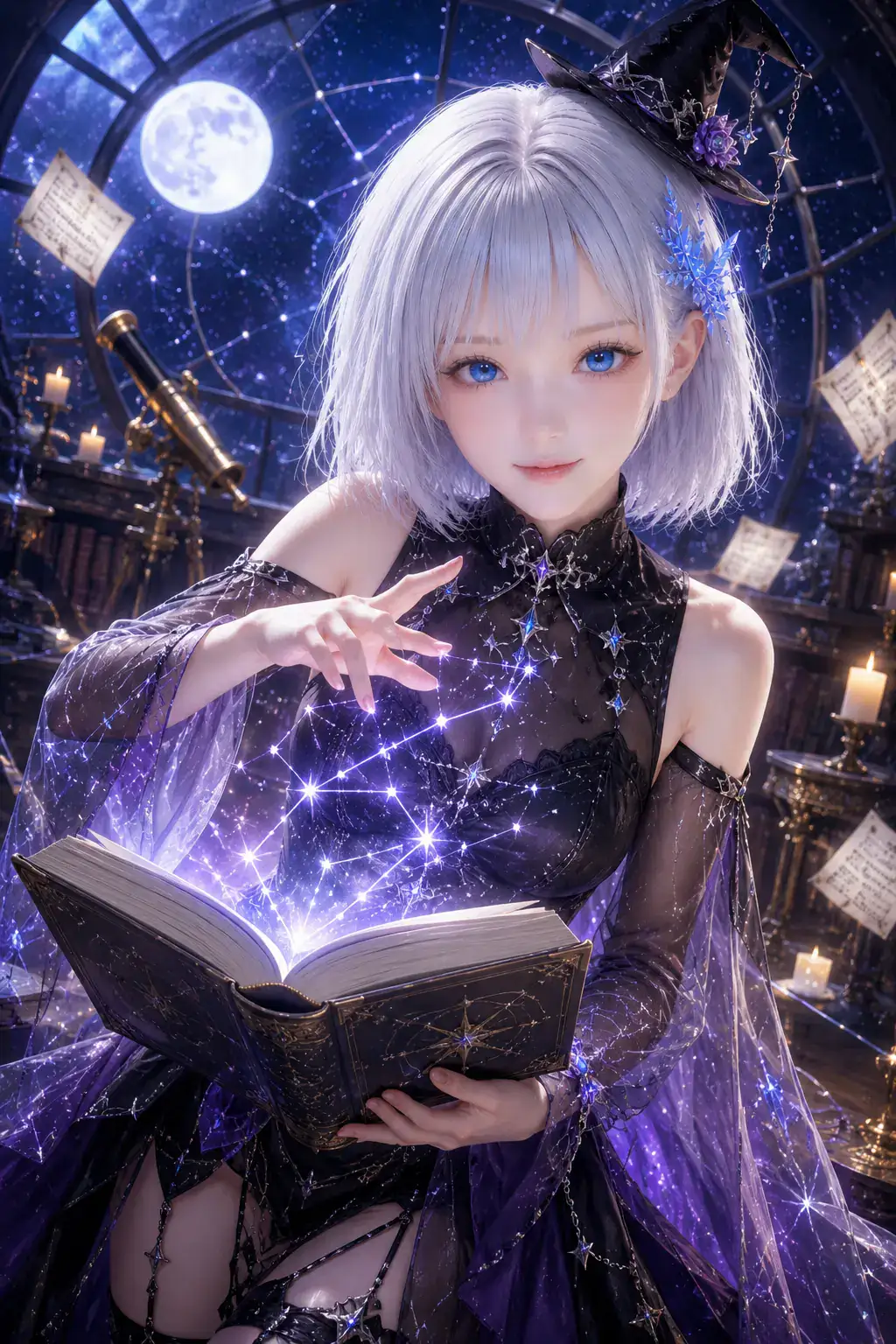 星明かりの天文書庫で魔導書を開く紫の星魔女姿のLAPIS
