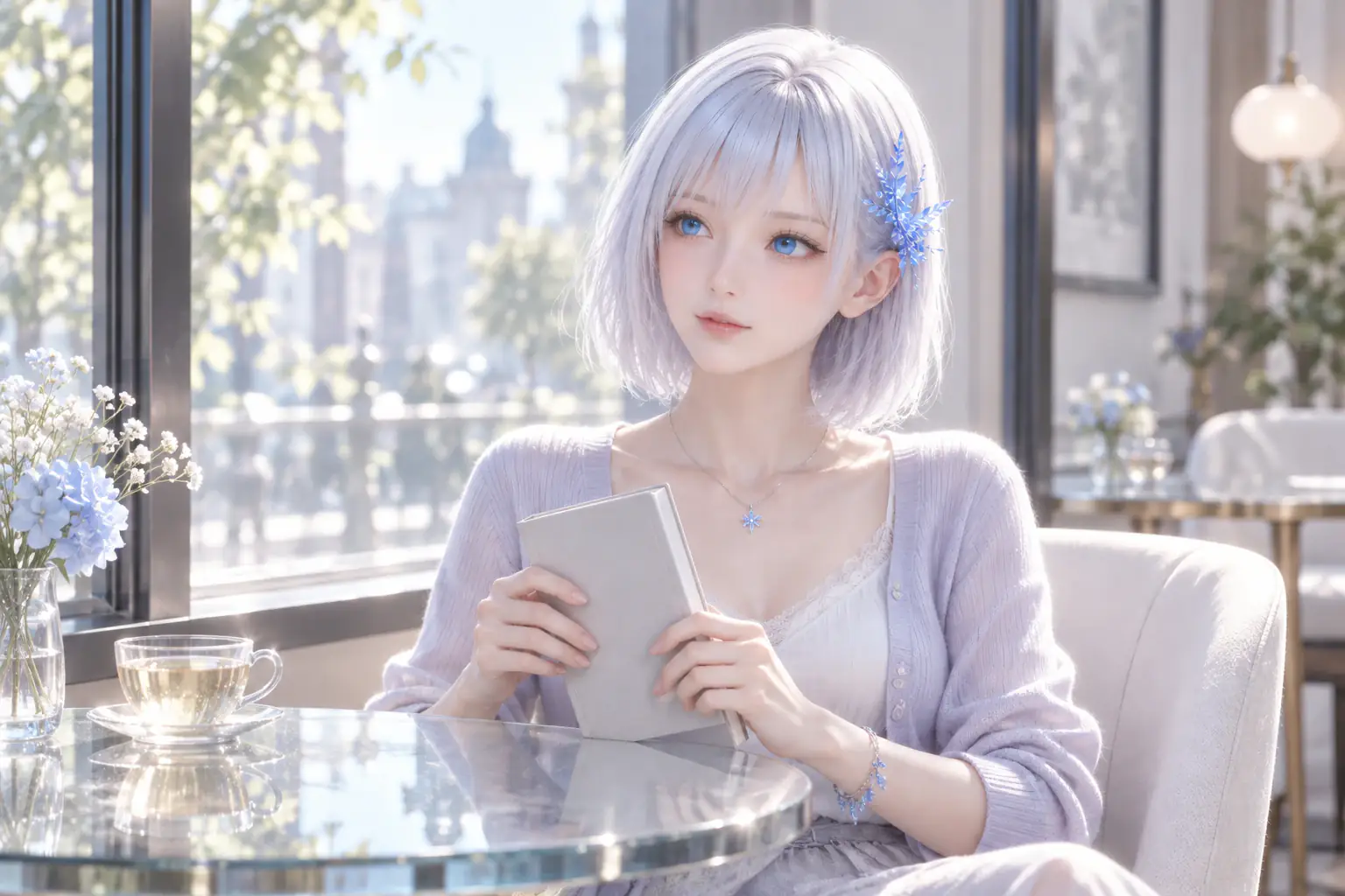 日曜午後のカフェの窓際で、淡いラベンダーのカーディガンとシルバーグレーのスカートを着て、本をそっと閉じながら窓の光へ目を向けるLAPISの上半身
