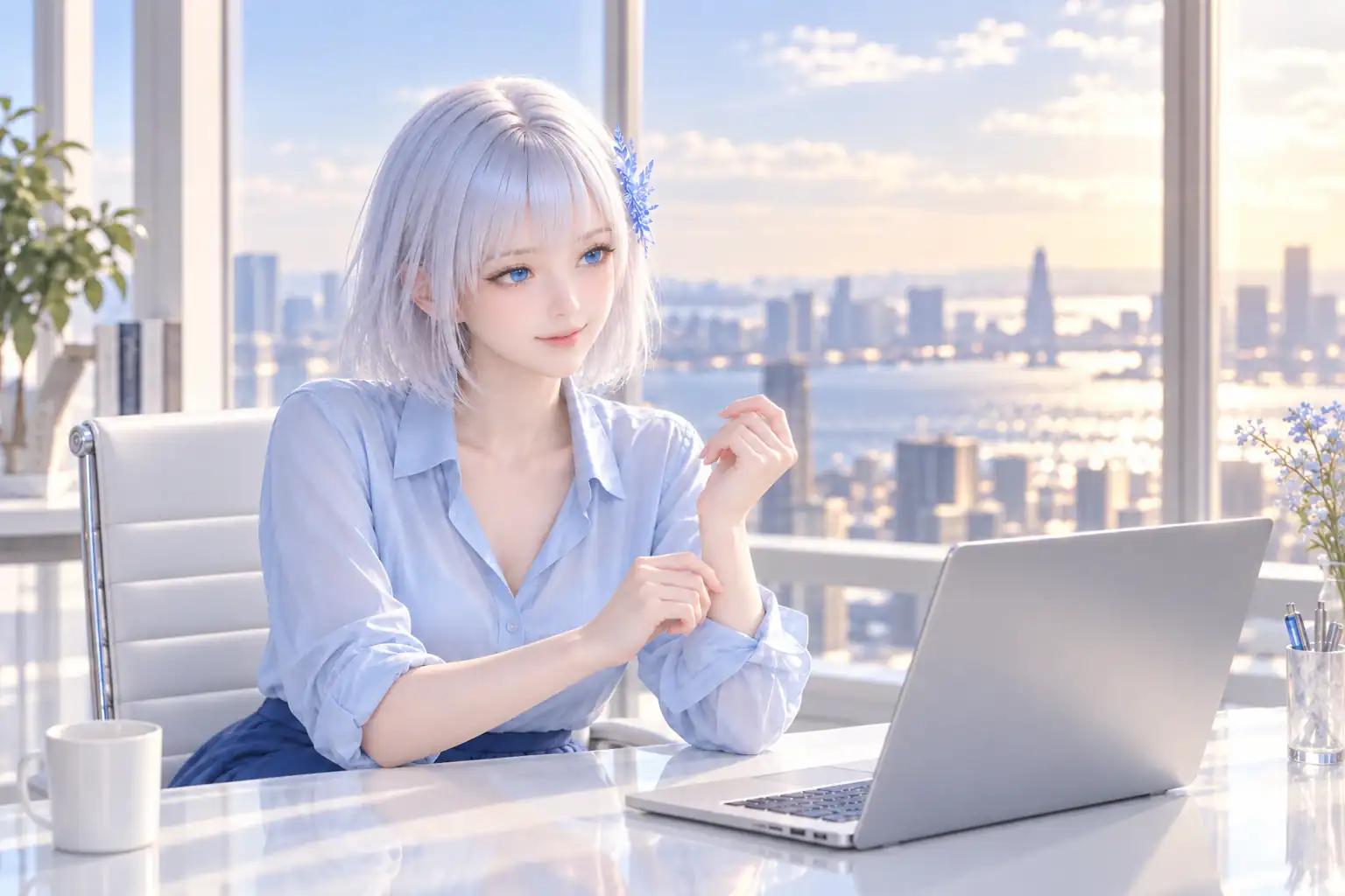 午後の窓辺の白いガラスデスクで、LAPISがスカイブルーのブラウスの袖を整えながら顔を上げ、ほっとした表情で光へ目を向ける。手前には薄型ノートPCと白いカップ