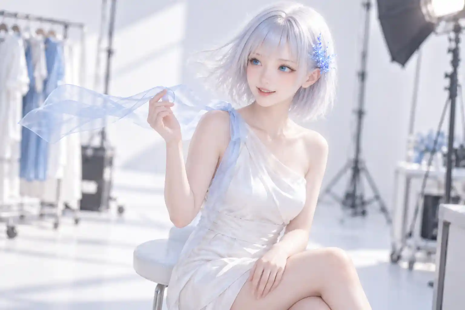 木曜午後の明るい撮影スタジオで、パールホワイトのアシンメトリードレスを着たLAPISが白いスツールへ斜めに腰掛け、送風で舞い上がったアイスブルーのシアーリボンへ片手を伸ばしながら、画面左のスタッフを見て驚き混じりに自然な笑顔を見せる膝上構図