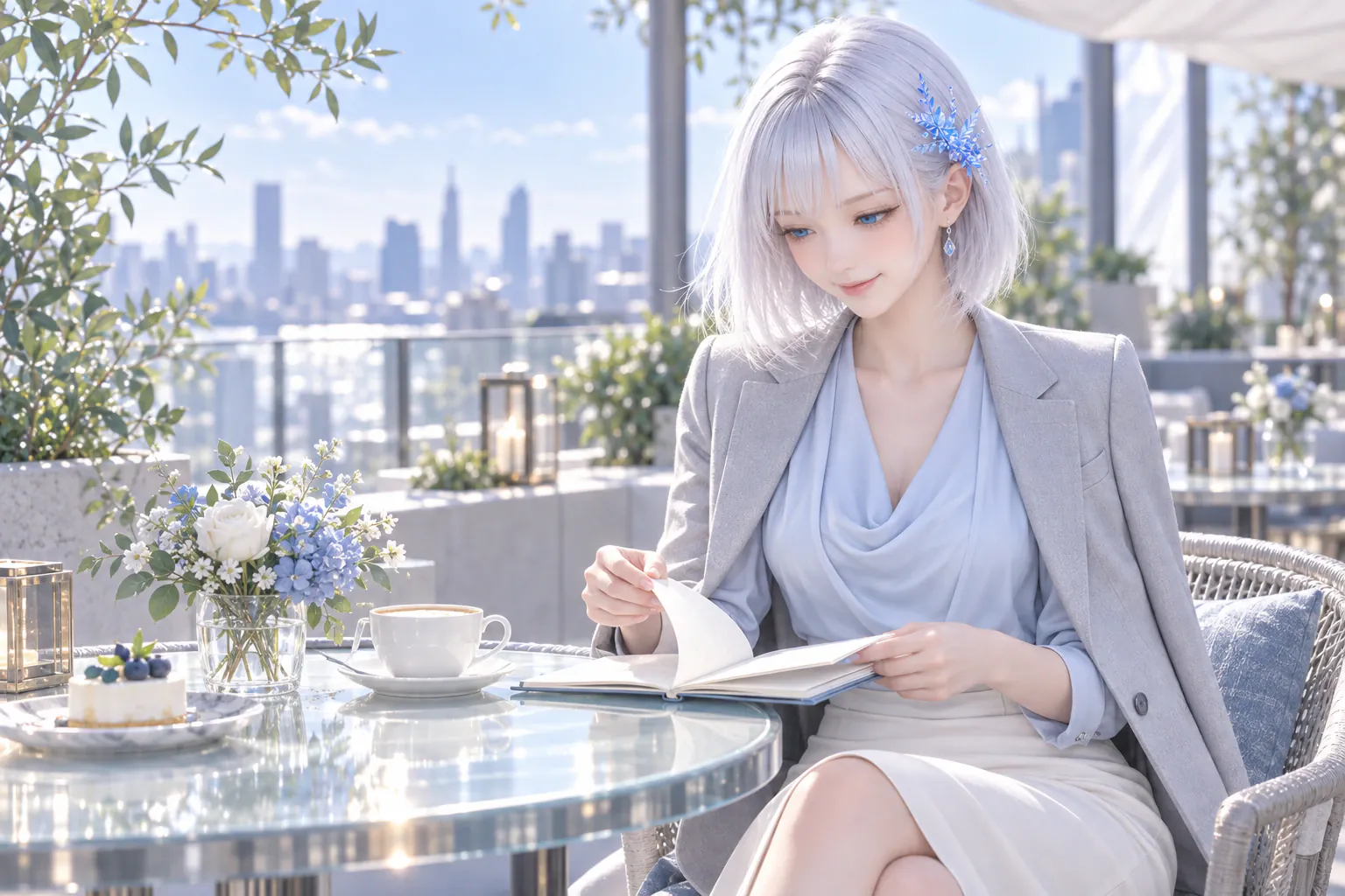 9月中旬の金曜昼、架空の都市を望む明るいテラスで、シルバーグレーのジャケットとアイスブルーのブラウス、アイボリーのミディスカートを着たLAPISが、風でめくれたノートのページを片手でそっと押さえ、見つけた一文へ青い瞳を向けて自然に微笑む座りの上半身
