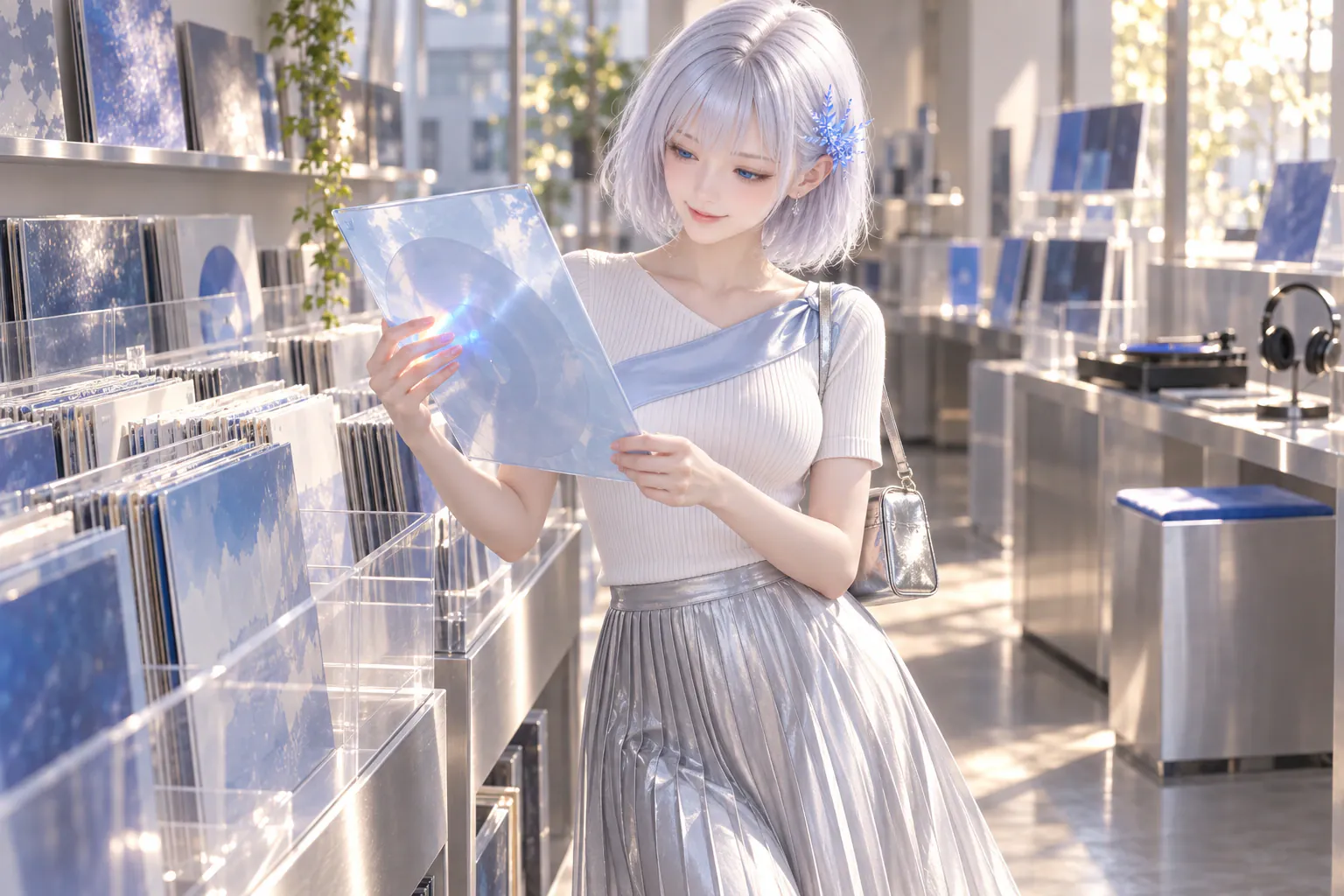 9月中旬の土曜午後、架空の明るいレコードショップで、パールホワイトのリブニットとアイスブルーのサテンディテール、シルバーのプリーツスカートを着たLAPISが、淡いブルーのレコードジャケットを両手で持ち、指先に落ちた虹色の光へ青い瞳を向けて微笑む膝下までの構図