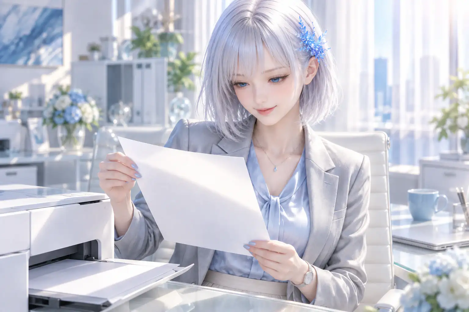 9月下旬の水曜朝、架空の明るいオフィスで、シルバーグレーのジャケットとアイスブルーのブラウスをまとったLAPISが、白いプリンターから受け取った一枚の紙を両手で持ち、青い瞳で見つめながら自然に微笑む座りの上半身