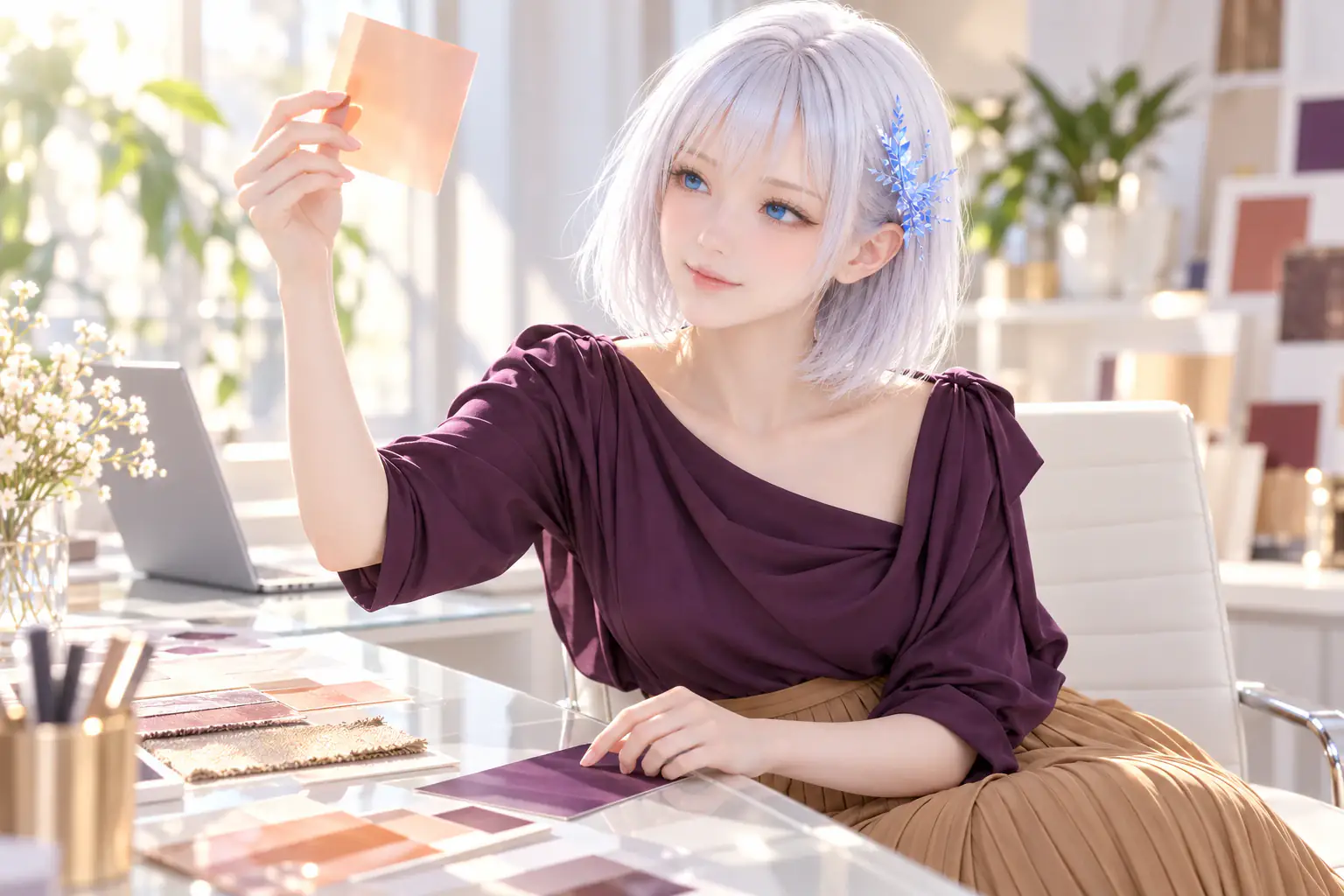 9月下旬の月曜朝、架空の明るいクリエイティブオフィスで、深いプラムのドレープブラウスとキャメルのプリーツスカートをまとったLAPISが、透明なアプリコット色の見本を窓の光へかざし、指先に落ちた色の影へ青い瞳を向けて微笑む座りの腿上構図