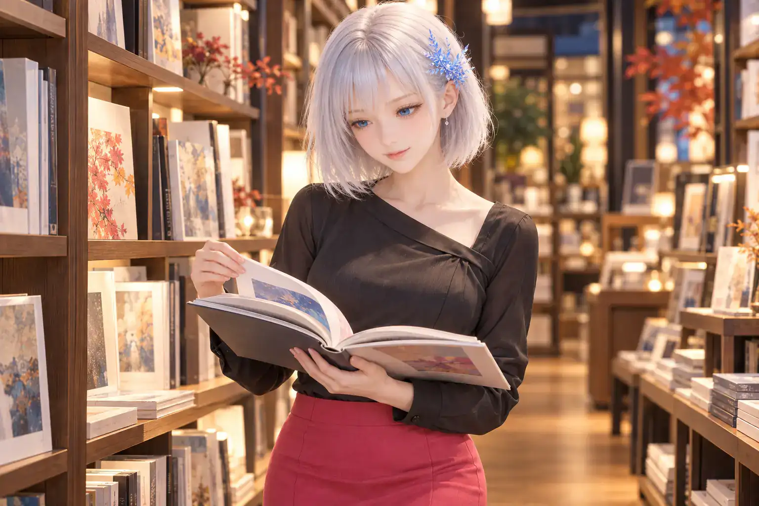 秋の夕方の架空の本屋で、チャコールブラックのアシンメトリーブラウスとラズベリーコーラルのタイトスカートを着たLAPISが、左手で開いた画集を支え、右手でページをめくりながら青い瞳を紙面へ向けて微笑む腿上構図