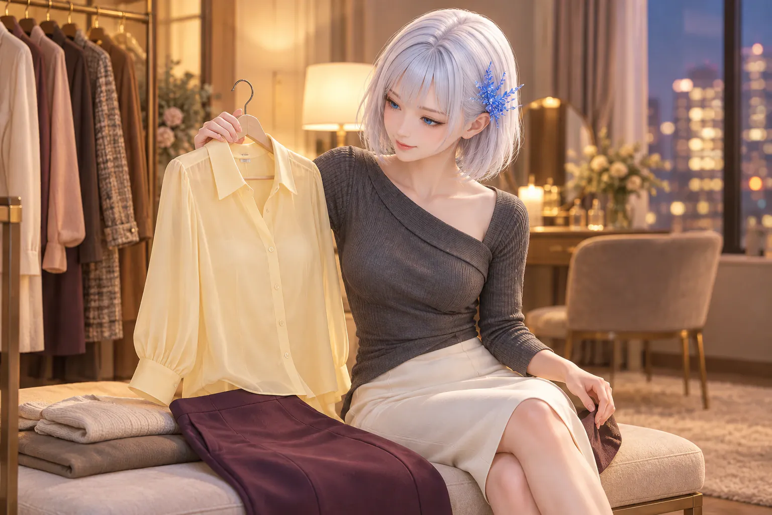 秋の夜の架空の自宅ドレッシングコーナーで、チャコールグレーのアシンメトリーニットとアイボリーのスカートを着たLAPISが、左手でバターイエローの薄手ブラウスを掲げ、ベンチに置いた深いオーベルジーヌのタイトスカートと見比べる座りの三分身構図